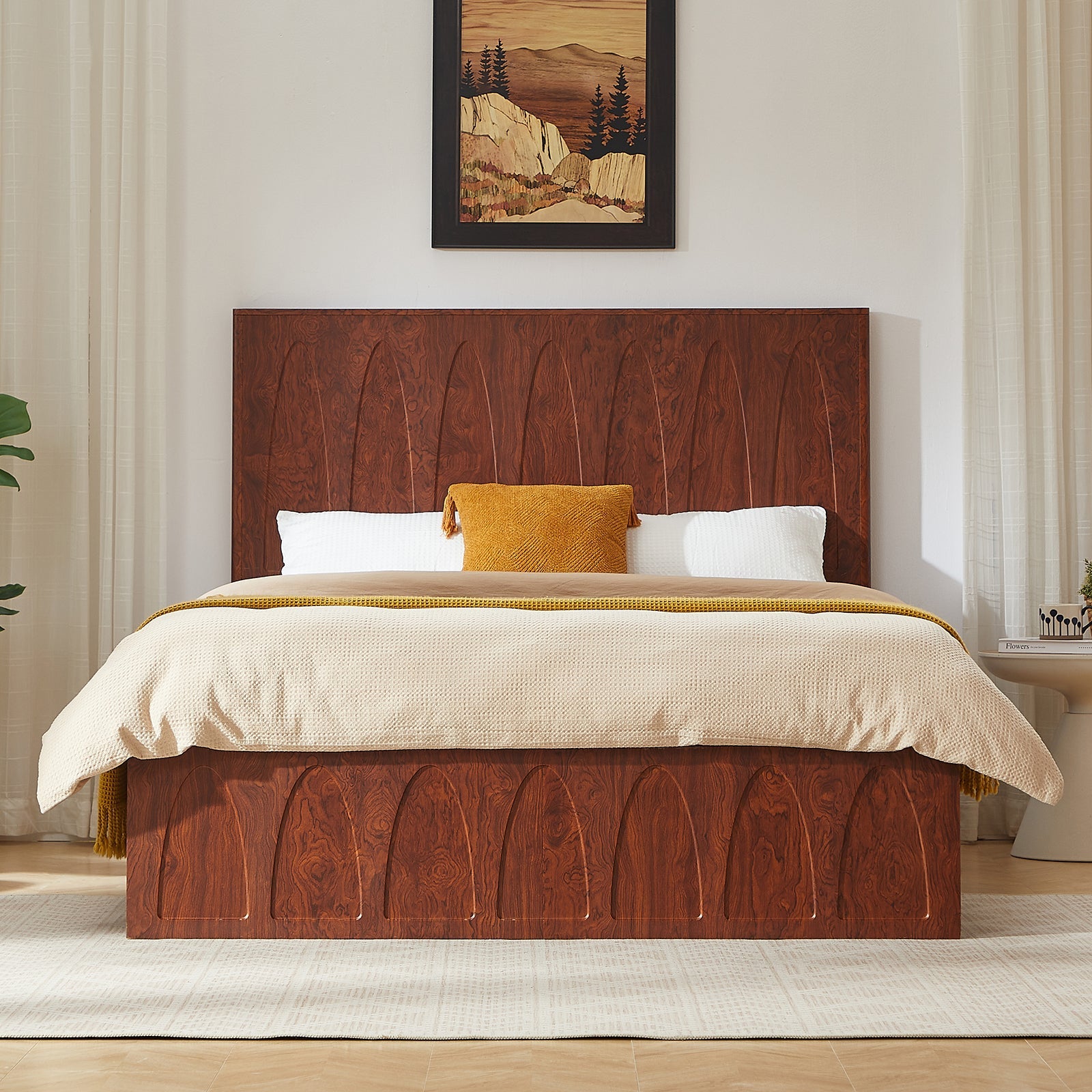Front view of dark reddish-brown burl wood queen platform bed, arched headboard and footboard, styled bedroom #Color_Natural