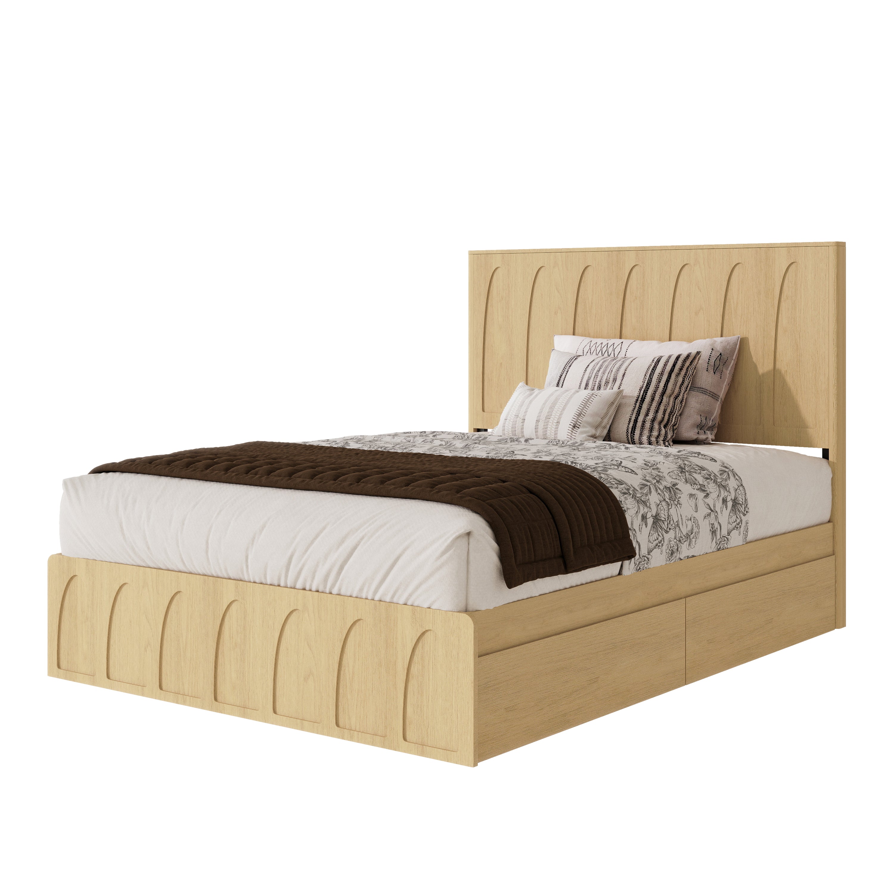 Angled bare frame of the light oak queen storage bed with wood slats and metal side rails #Color_Oak