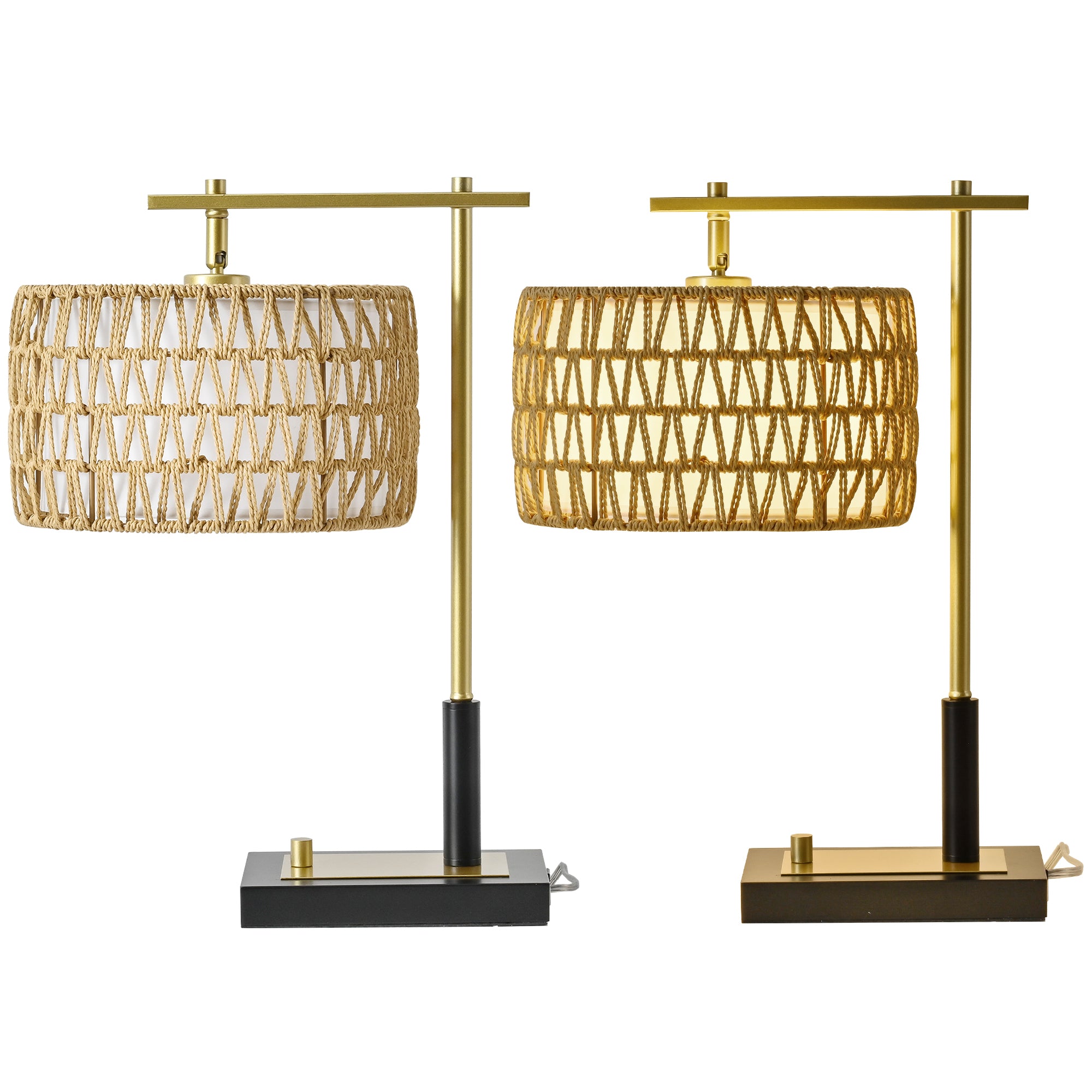 Table Lamp, Set of 2, Woven Rope and Fabric, Yellow