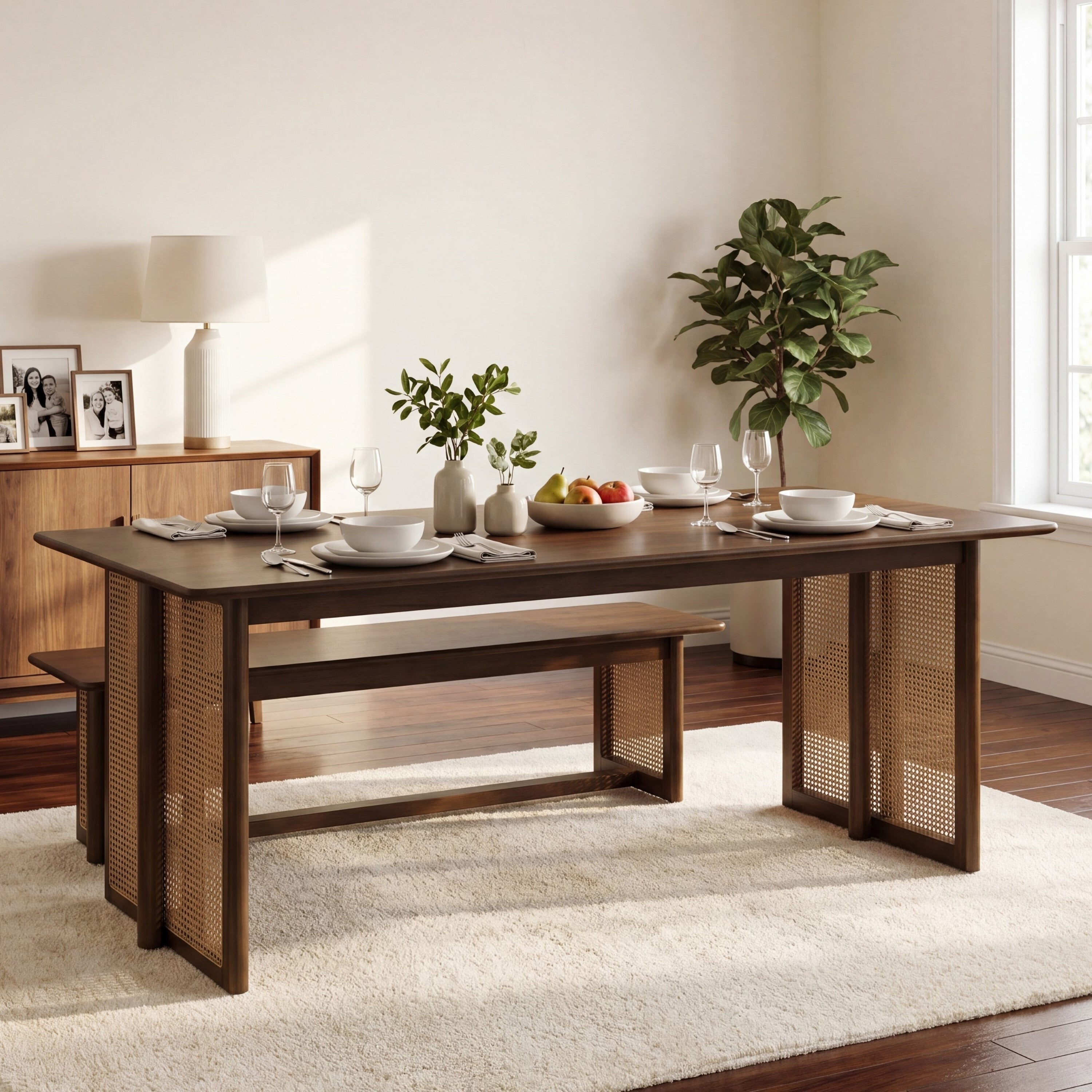 Walnut dining table with cane legs and a matching bench set with dishware in a sunlit dining room