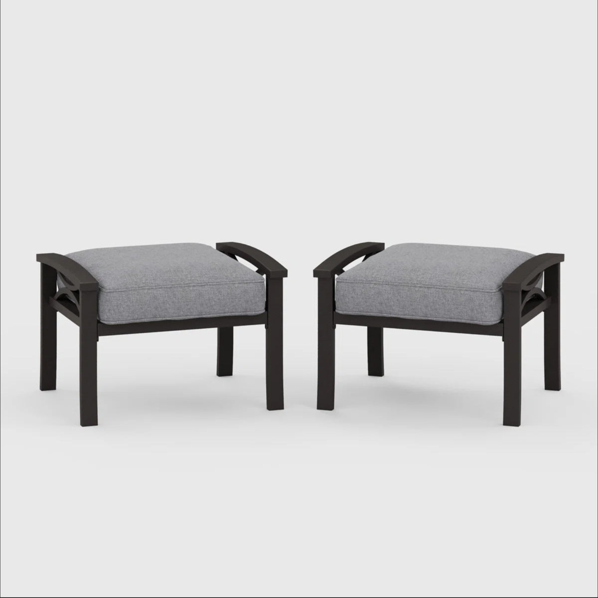 Khaki Metal Outdoor Ottoman with Gray Cushions, Set of 2