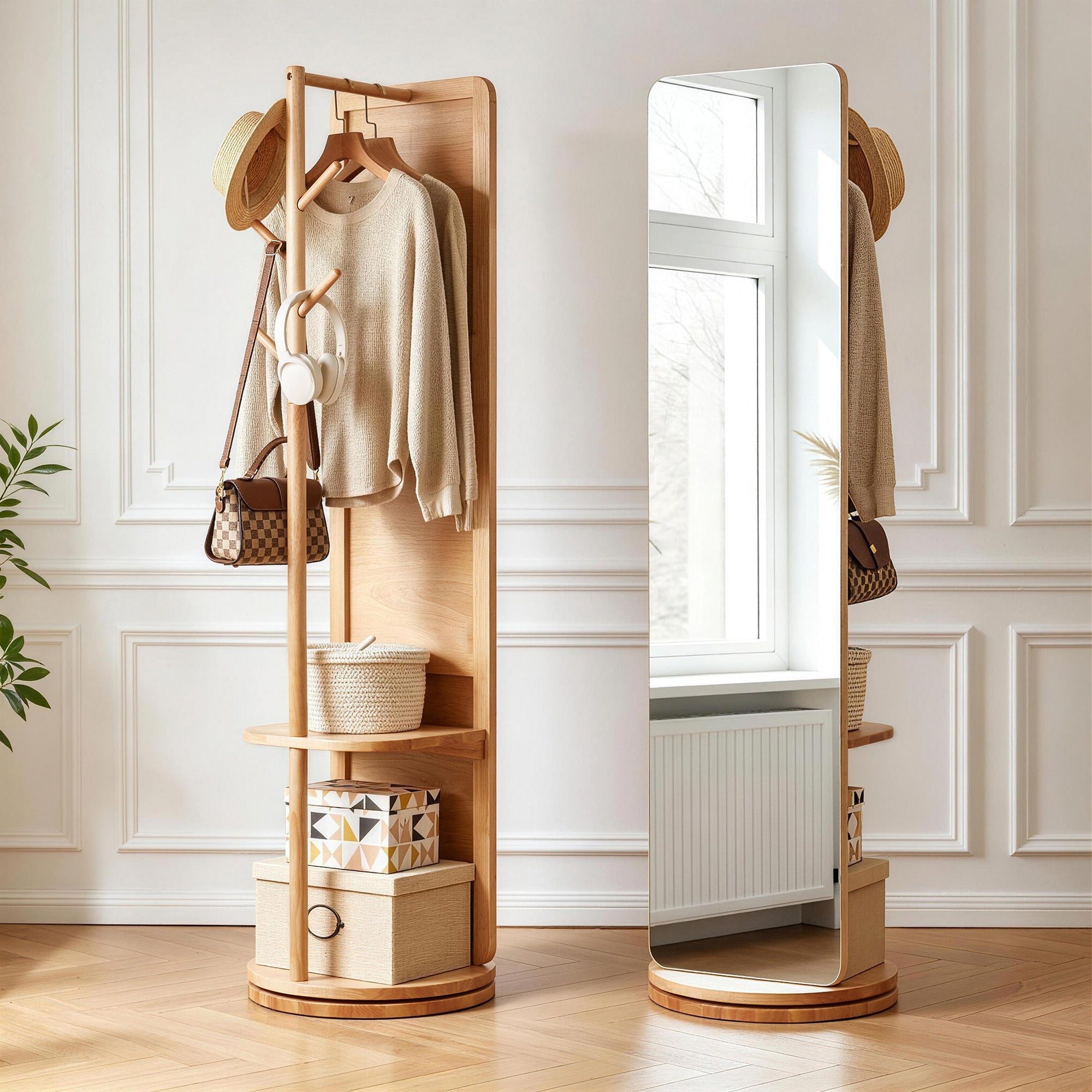 Rotating Standing Mirror with Clothes Rack, 68.9 in Wood