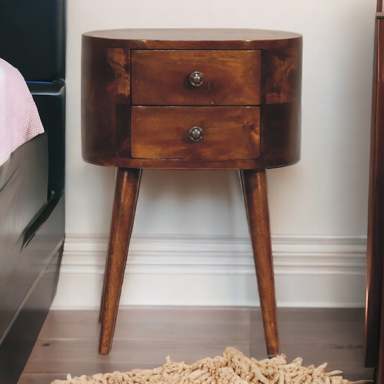 Slim 2 Drawer Nightstand, Solid Mango Wood, Nordic Legs