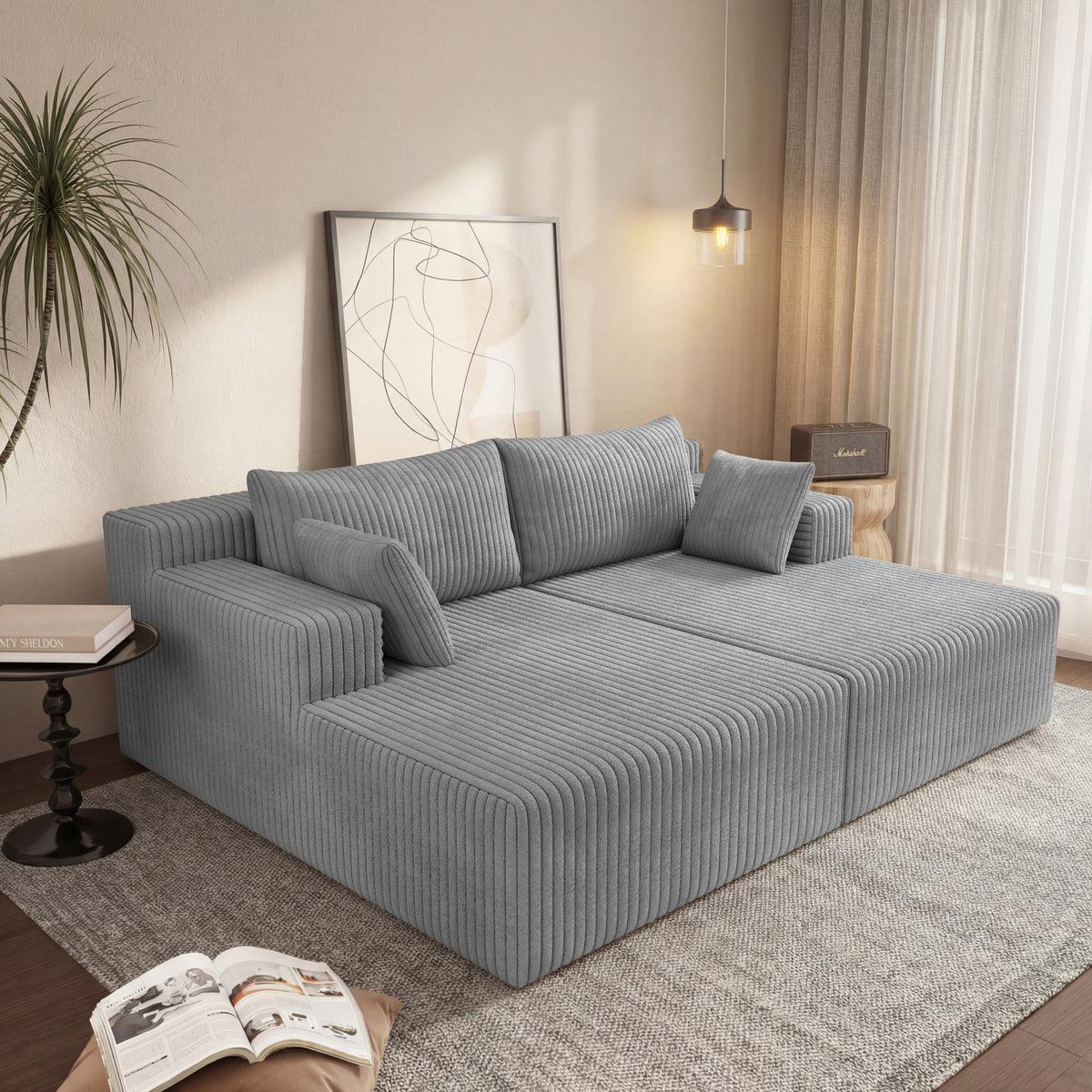 Gray Corduroy Modular Sectional Couch with Chaise, 96 in Wide