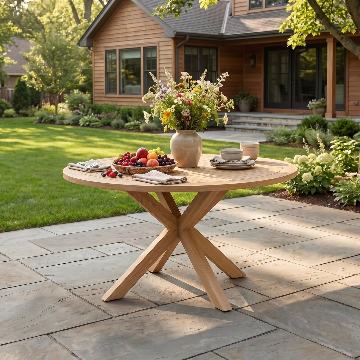 Acacia Finish Solid Wood Round Outdoor Dining Table, 44.5 in Wide