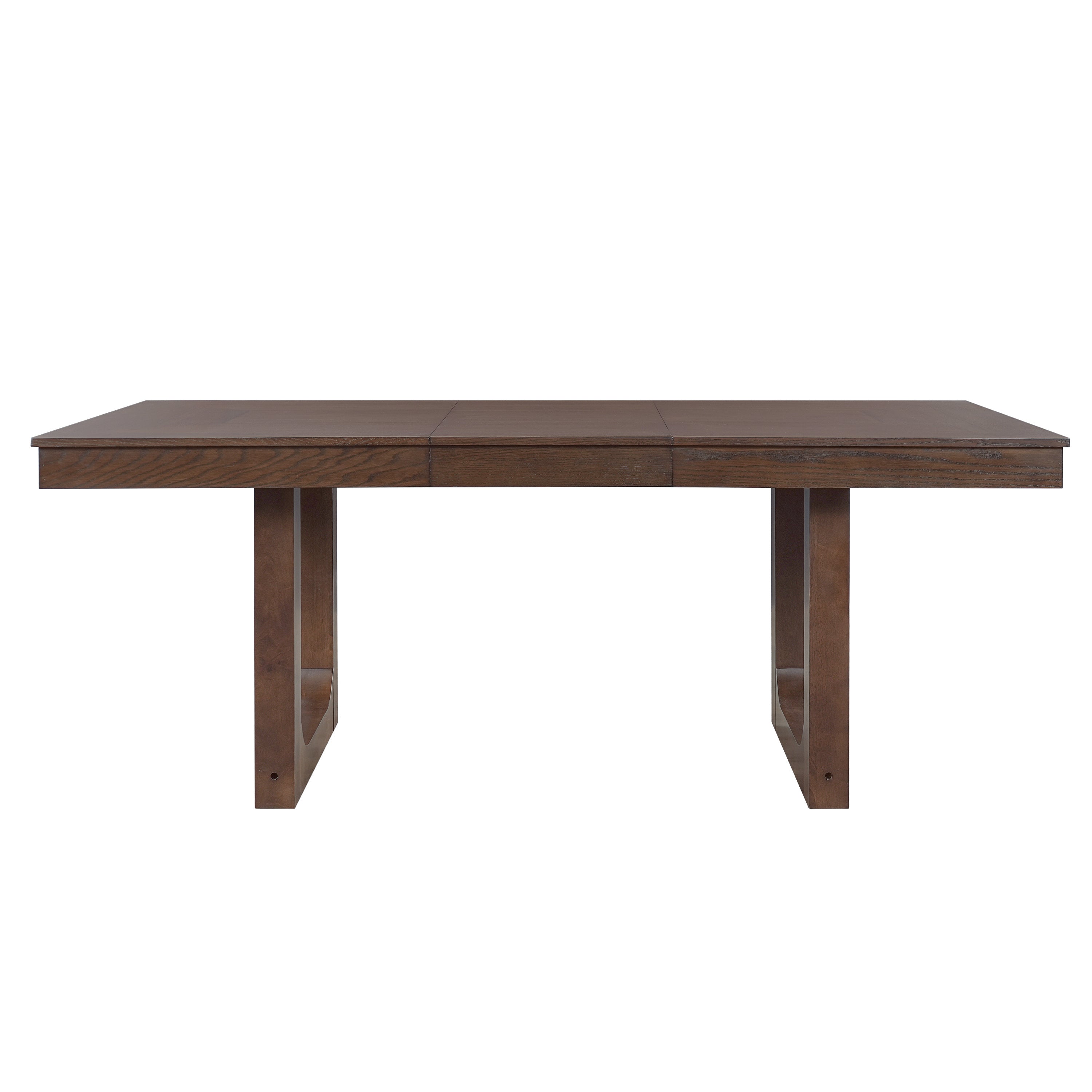 Front studio view of the walnut extendable dining table showing the three-panel top and leaf seams