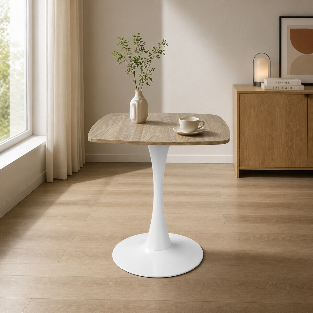 Faux oak square tulip bistro table by a window beside a wood sideboard