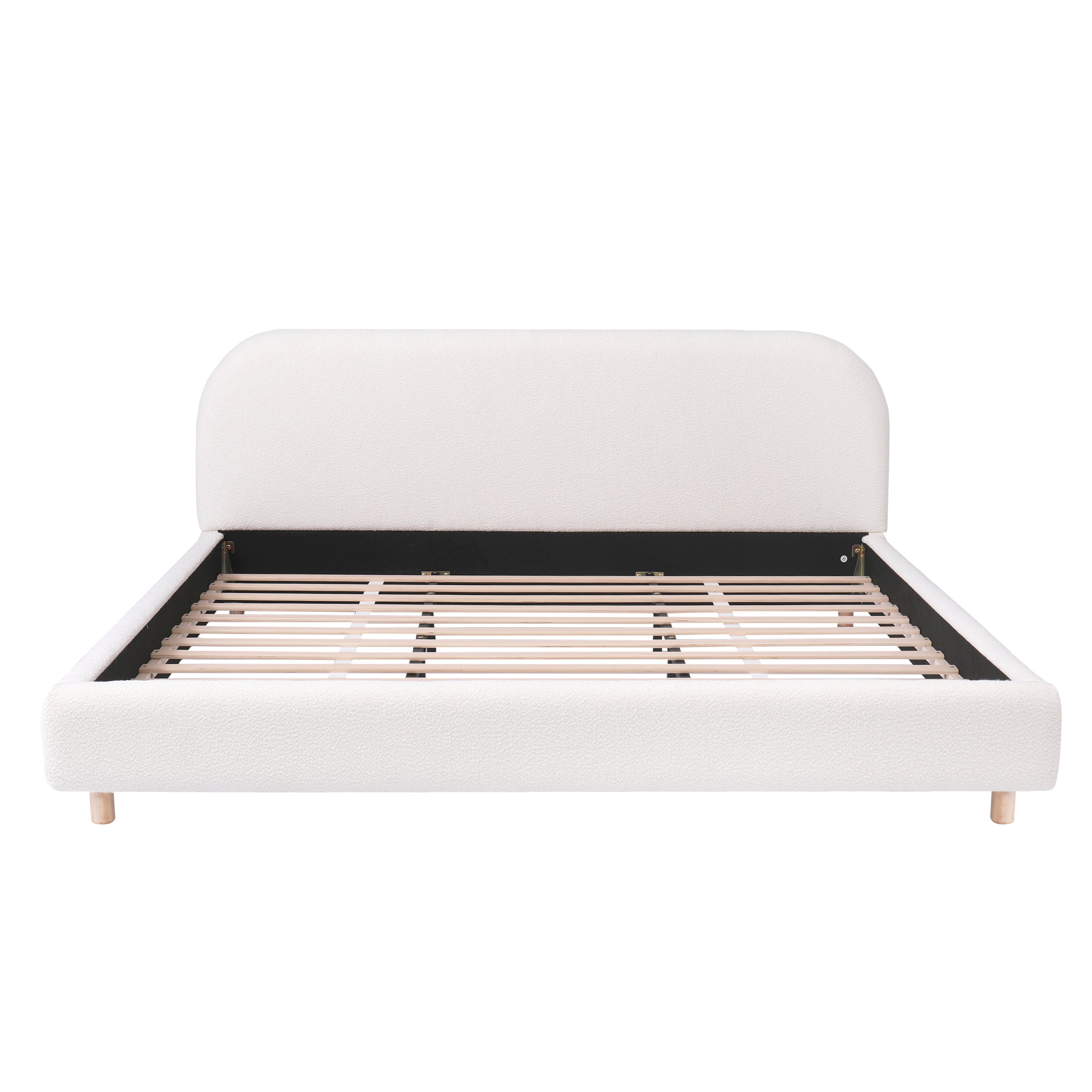 White boucle king platform bed, front view on white background