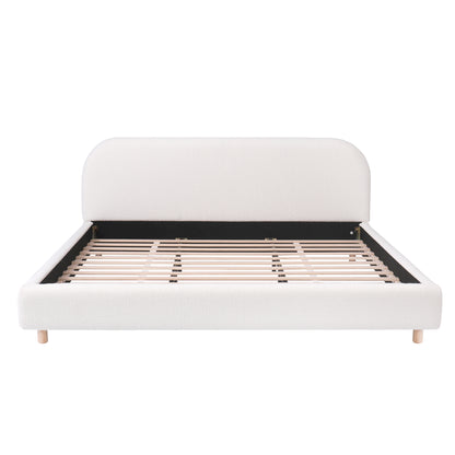 White boucle king platform bed, front view on white background