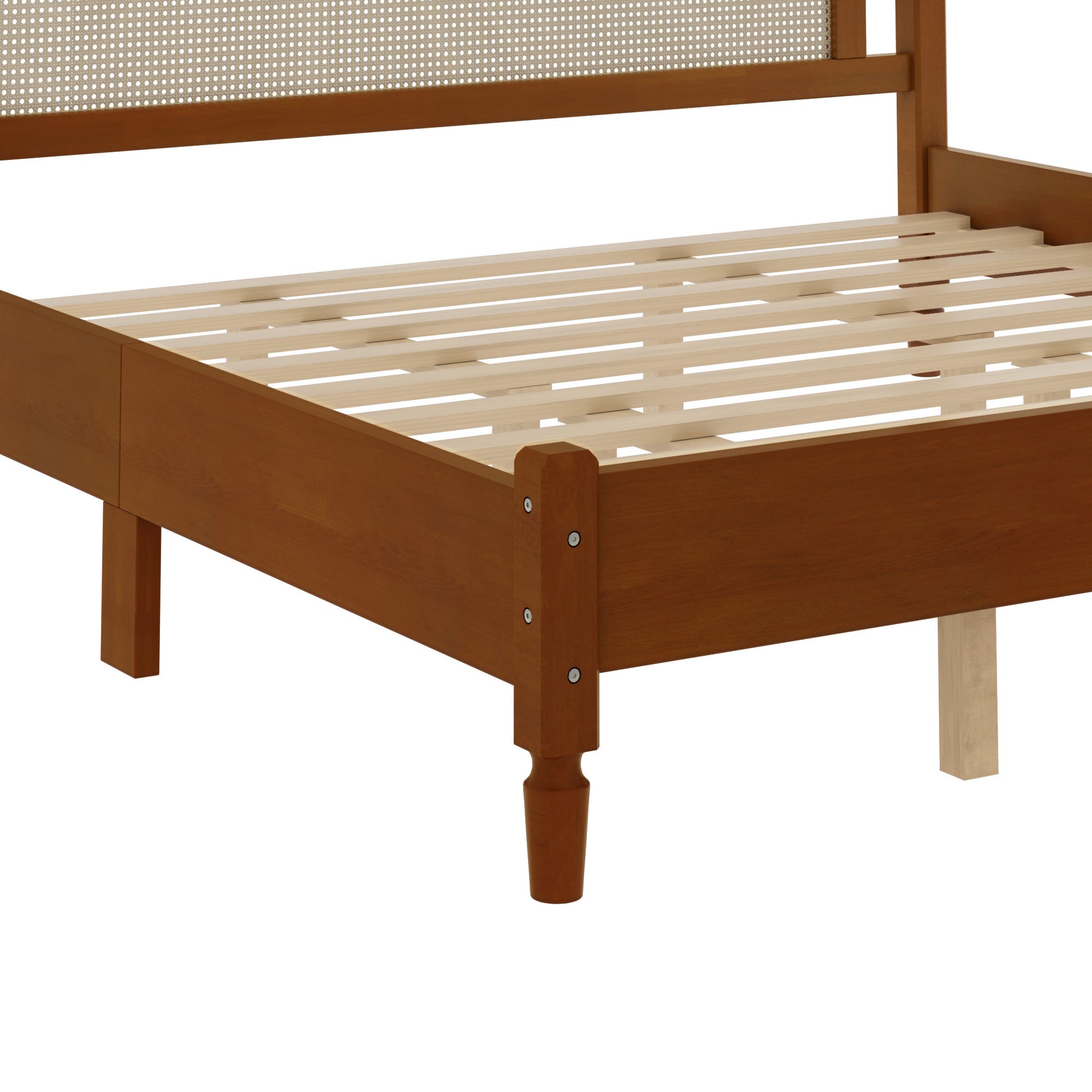 Detail of turned corner post and cane panel, walnut king bed frame