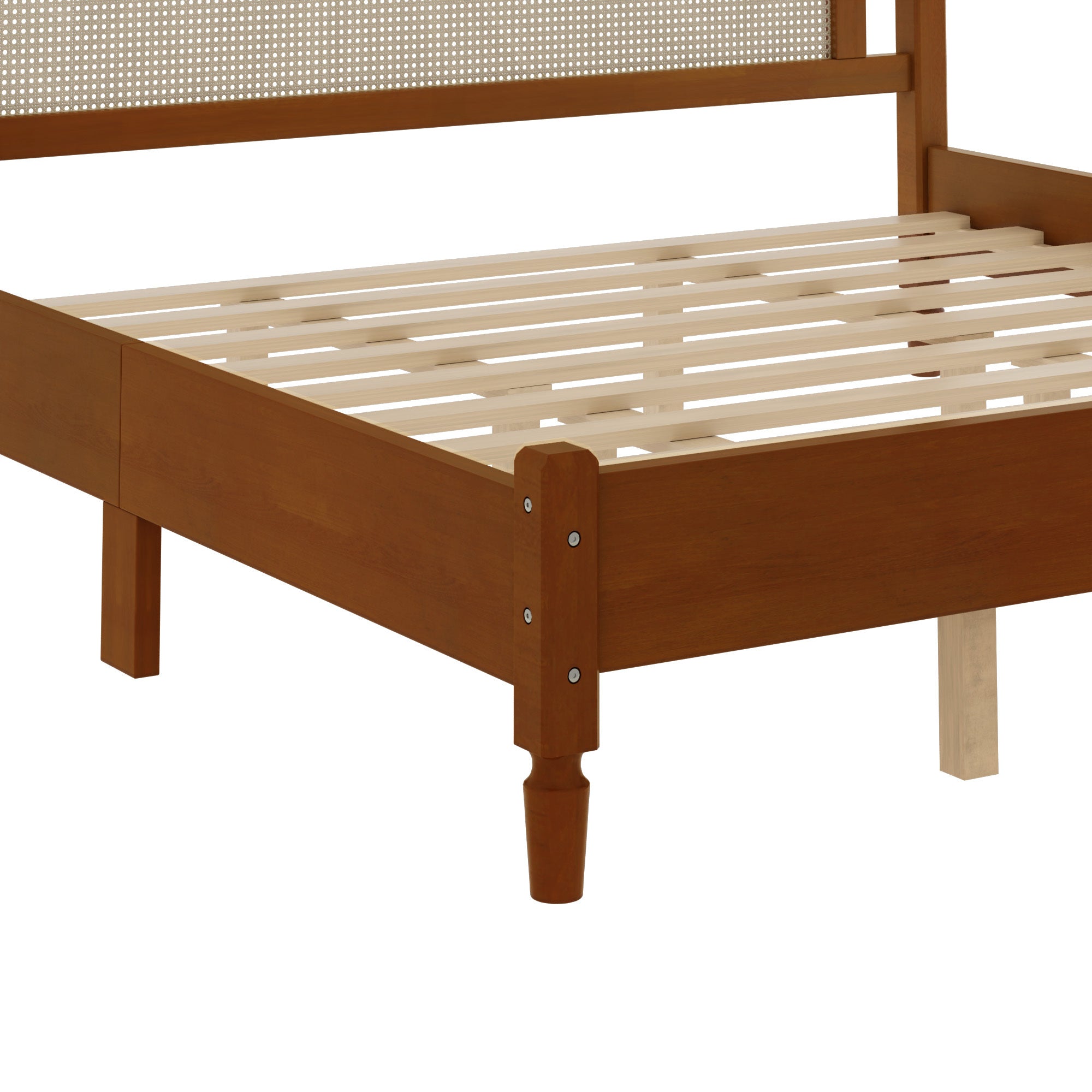 Detail of turned corner post and cane panel, walnut king bed frame