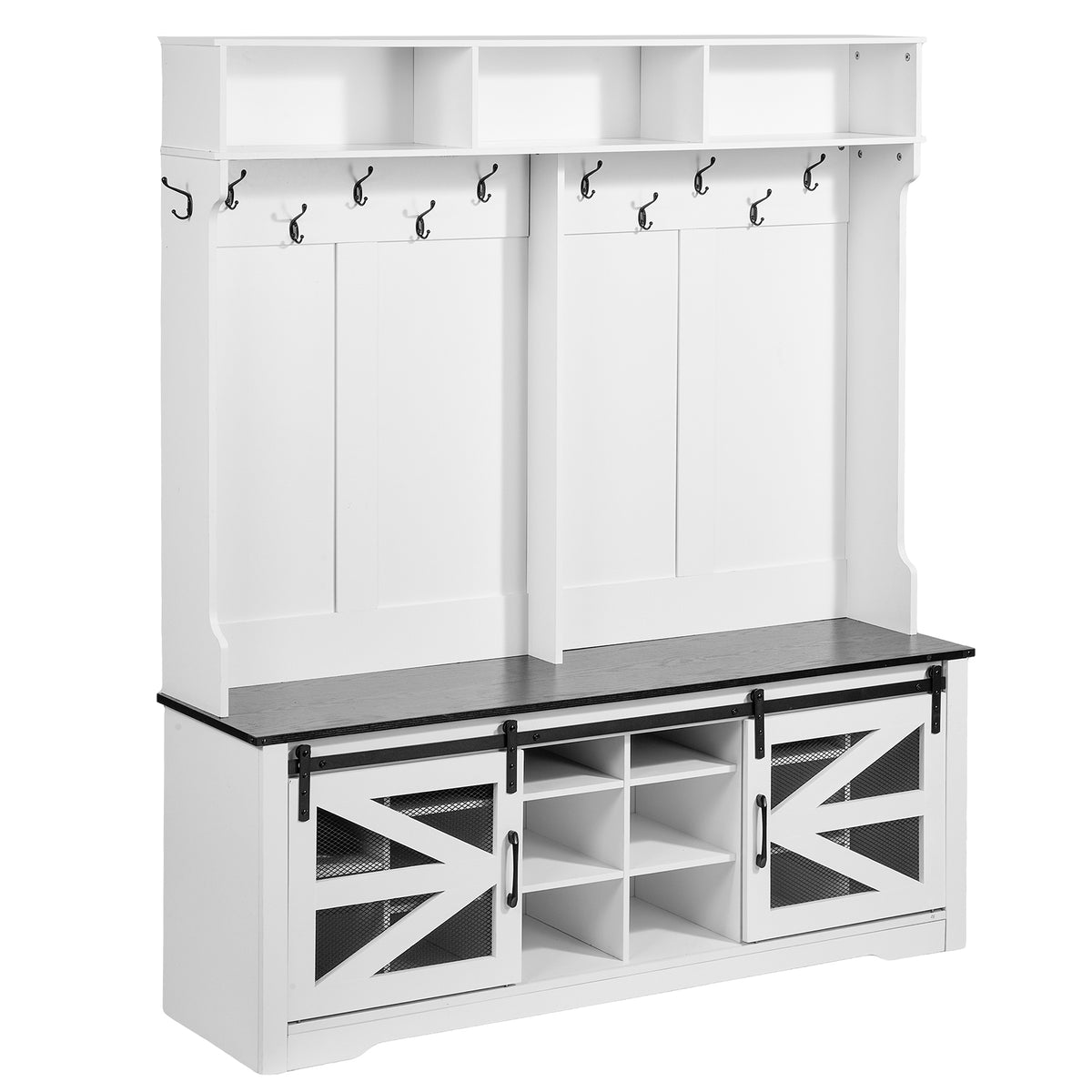 White Hall Tree with Bench and Shoe Storage, 59 in Wide, 16.5 in Deep
