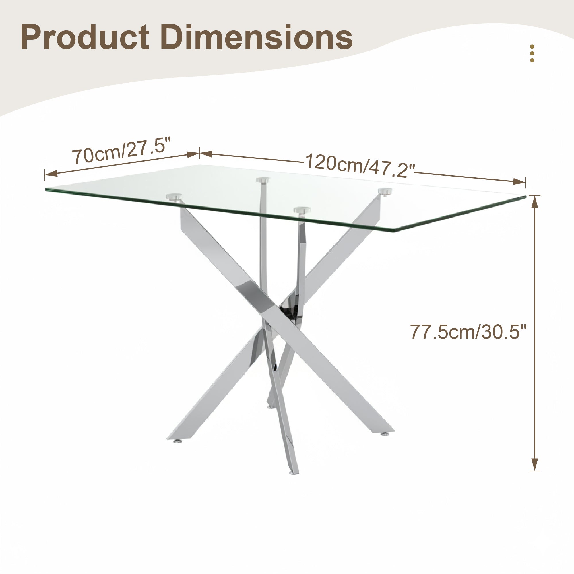 Dimension diagram of the glass dining table, 27.5 by 47.2 inch top and 30.5 inch height