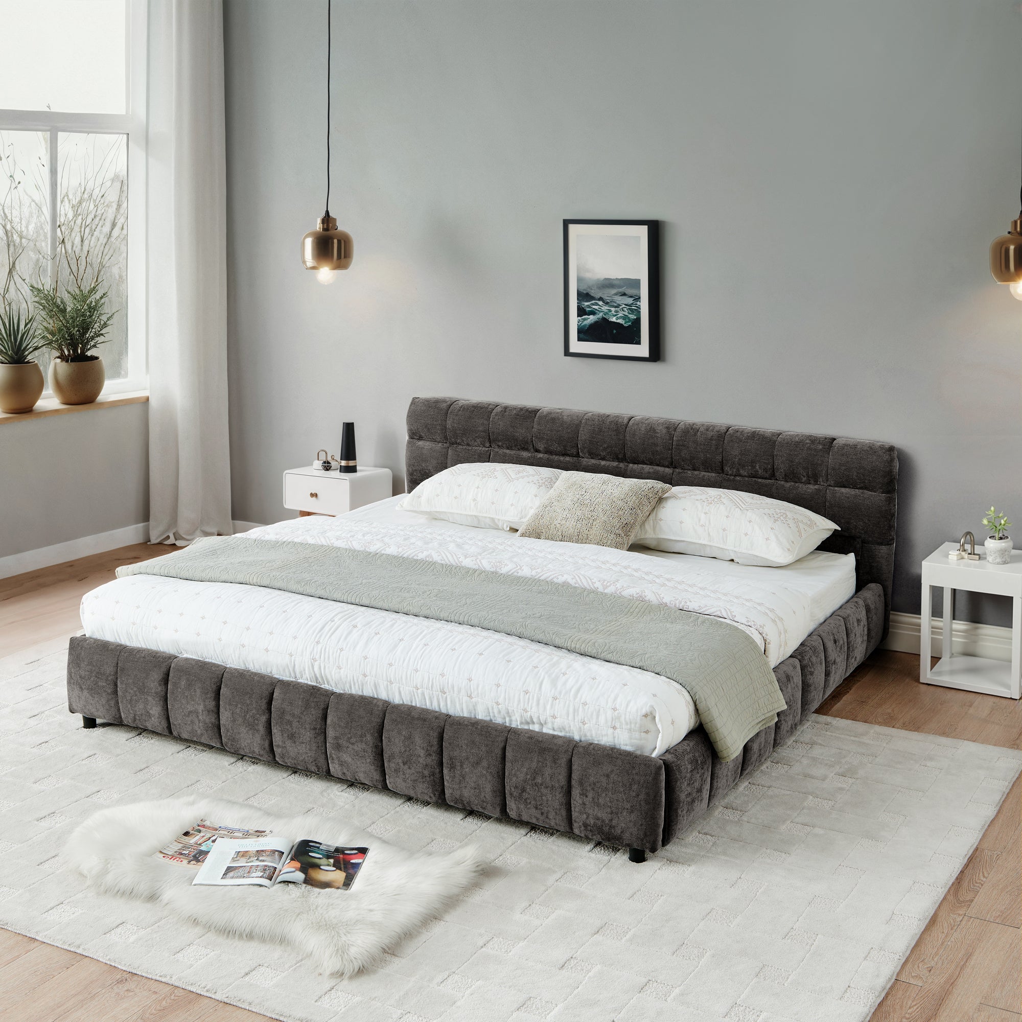Close-up of channel-tufted headboard on California King bed frame