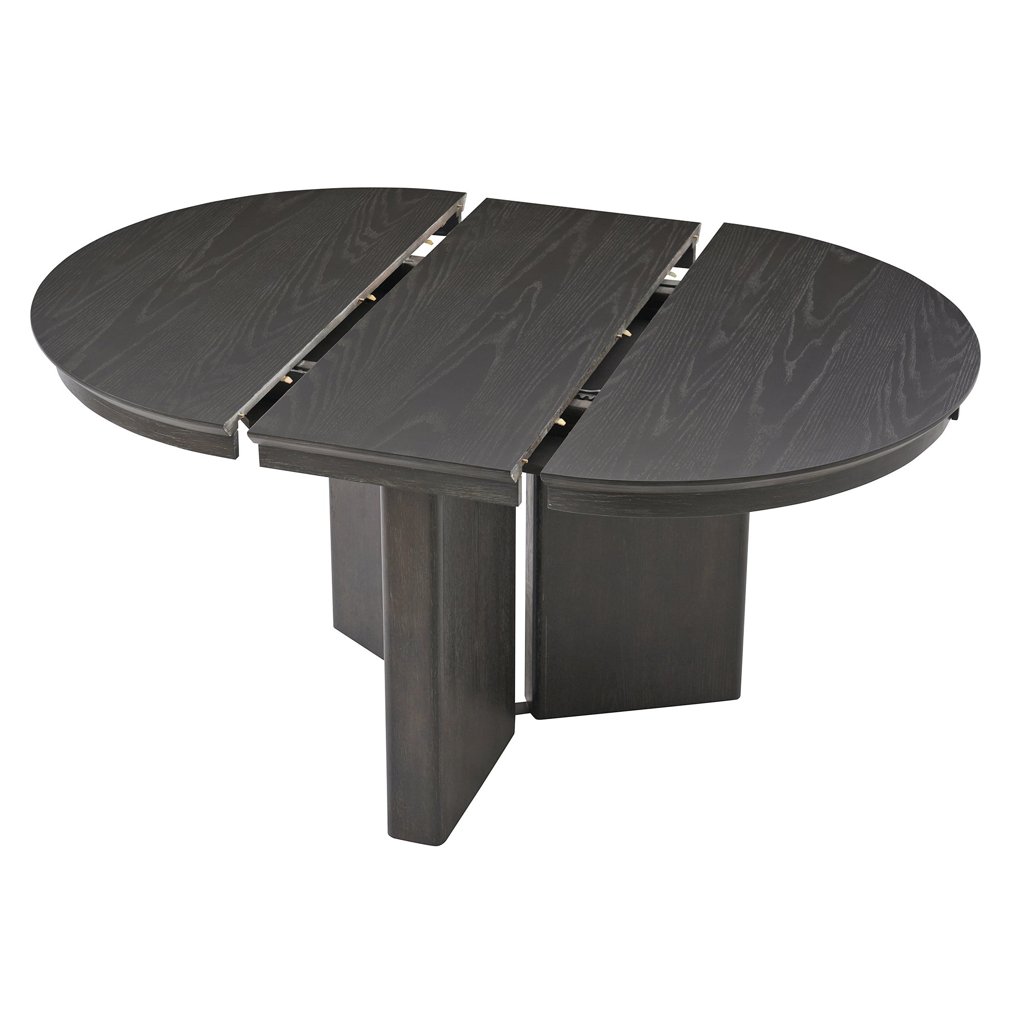 Studio view of the espresso table split apart showing center leaf and crossed base