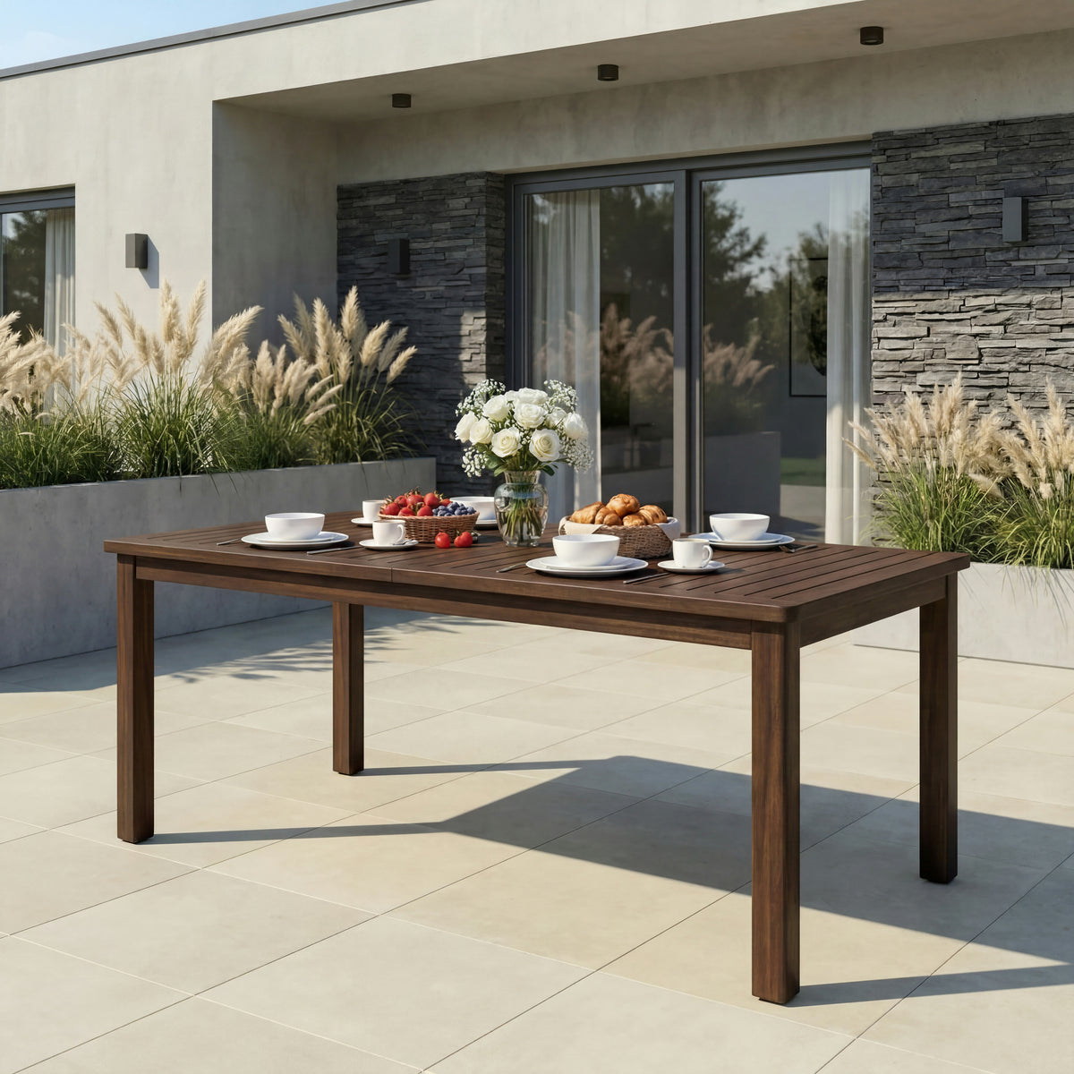 Dark Brown Solid Wood Rectangular Outdoor Dining Table, 68.9 in Wide