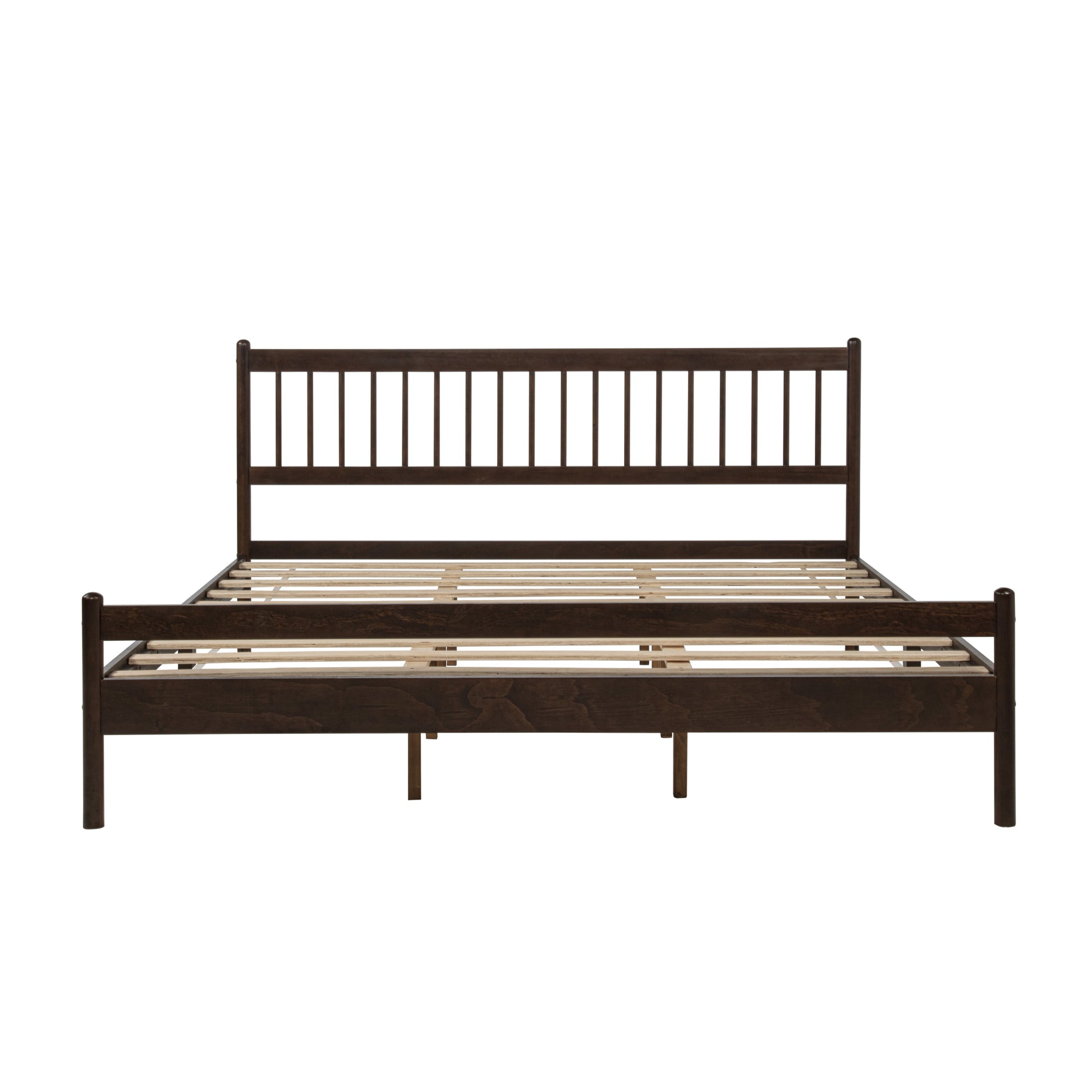 Front-facing studio shot of complete brown pine king bed frame