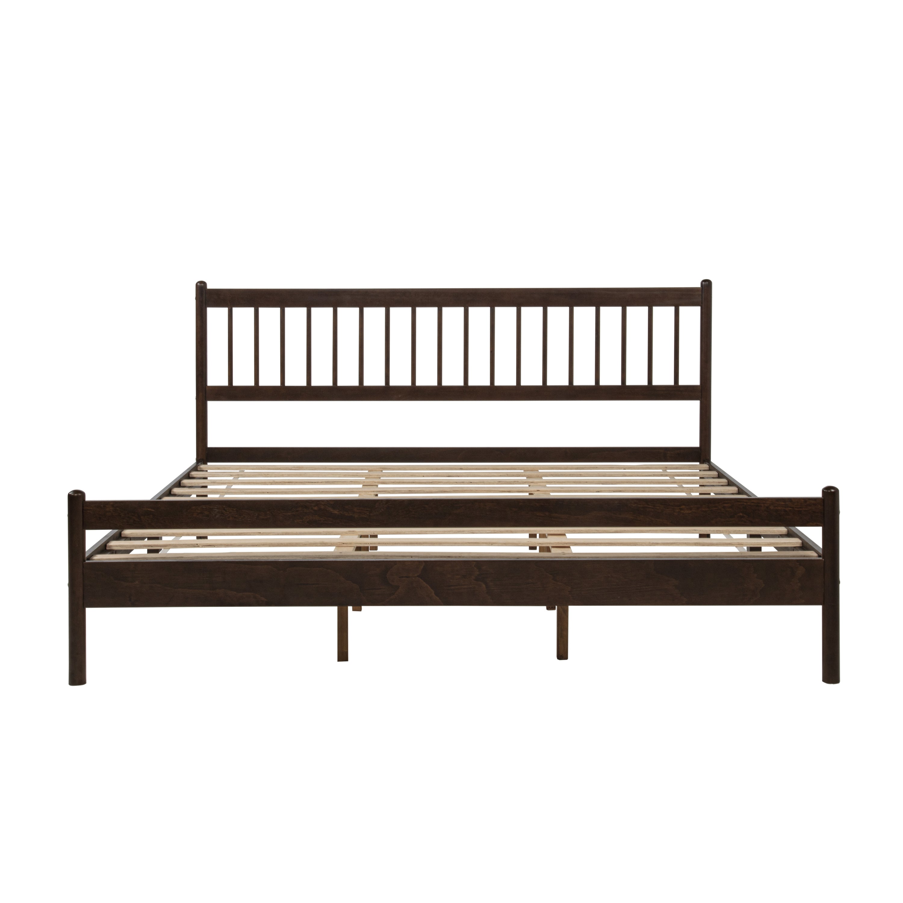 Front-facing studio shot of complete brown pine king bed frame