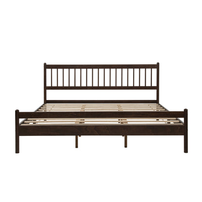 Front-facing studio shot of complete brown pine king bed frame