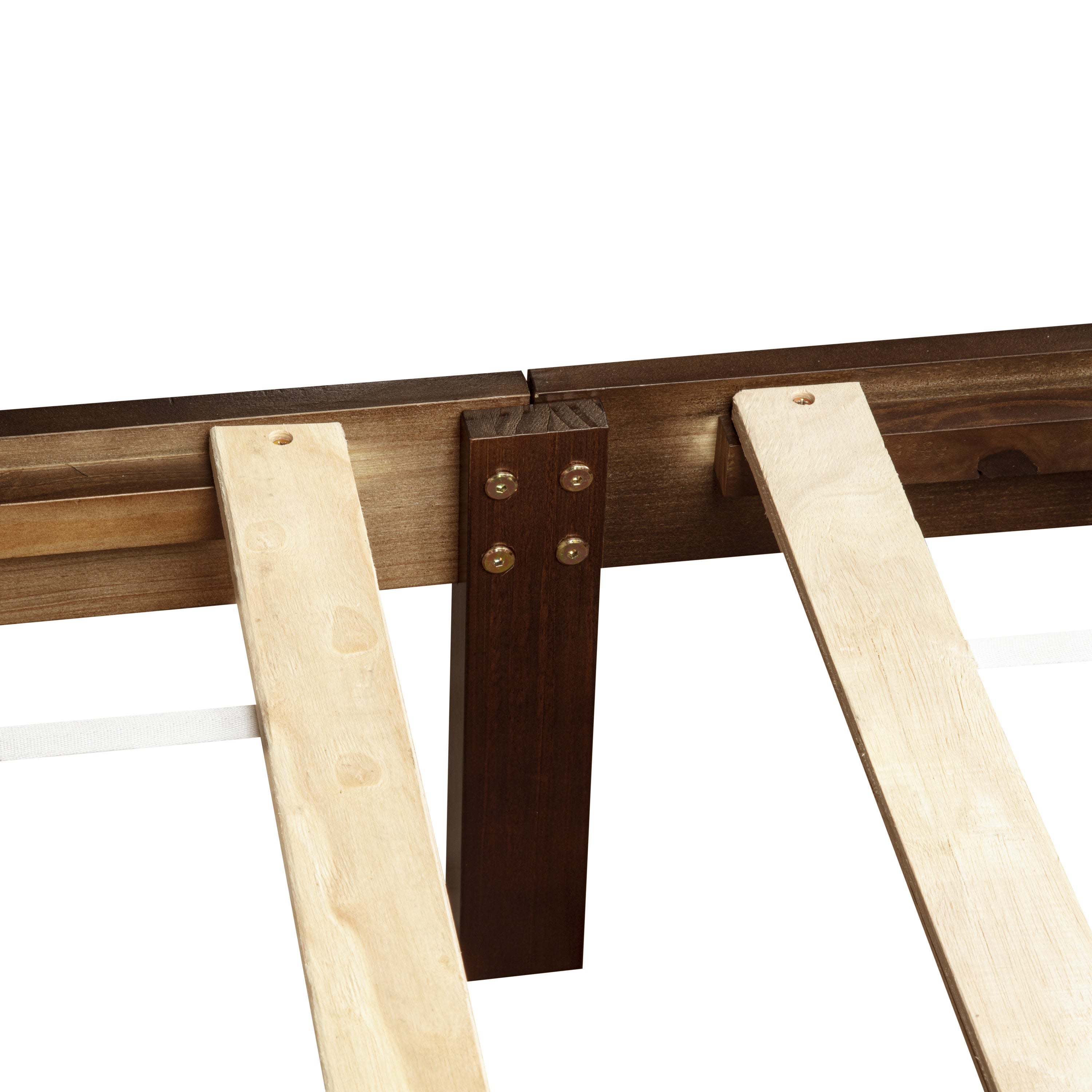 Closeup of rich brown center rail with bolted support leg and light wood slats #Color_Rich Brown