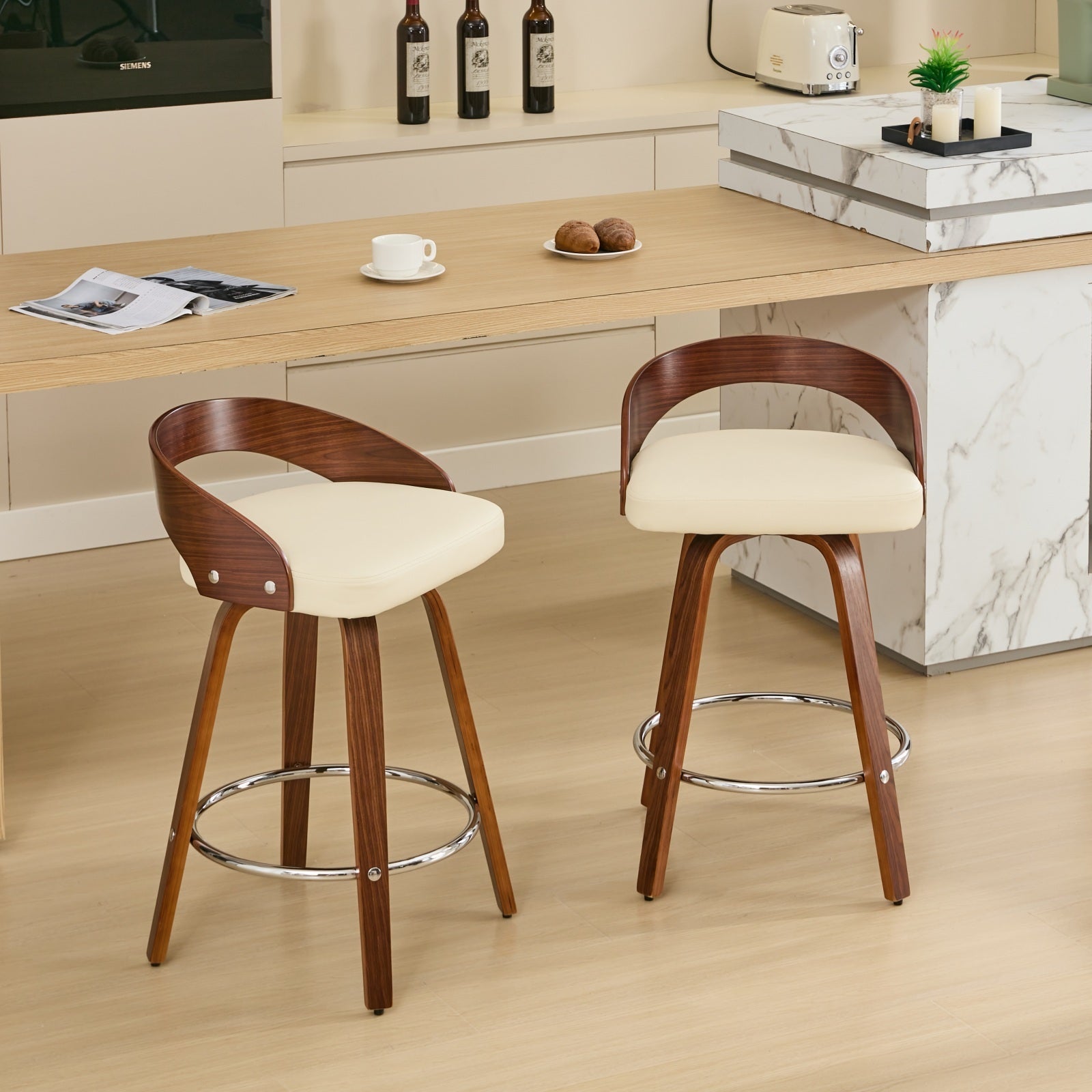 Counter Stools Set of 2, Vegan Leather, Swivel, Walnut, Beige