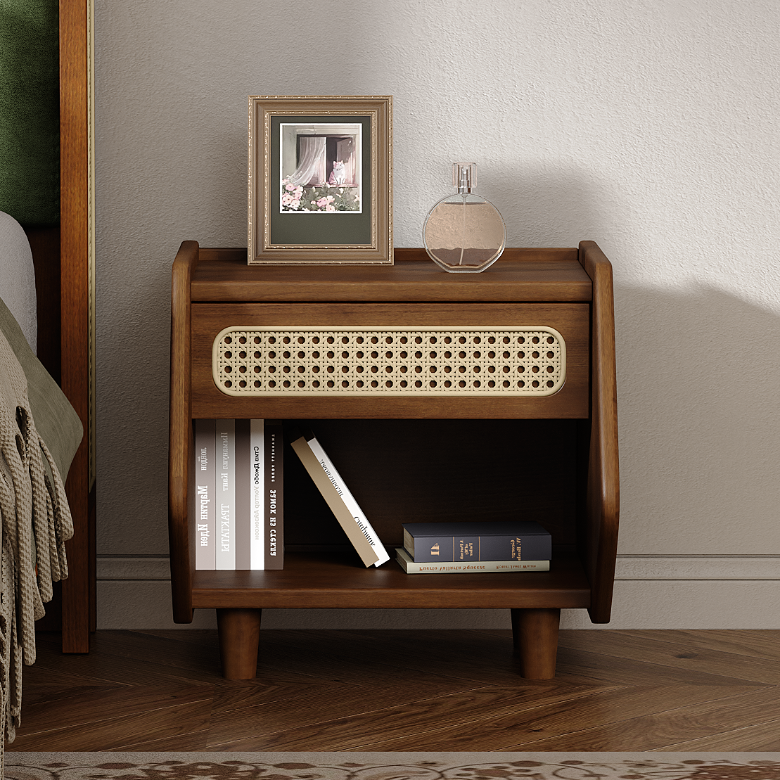 Walnut Finish Nightstand with Rattan Drawer and Open Shelf