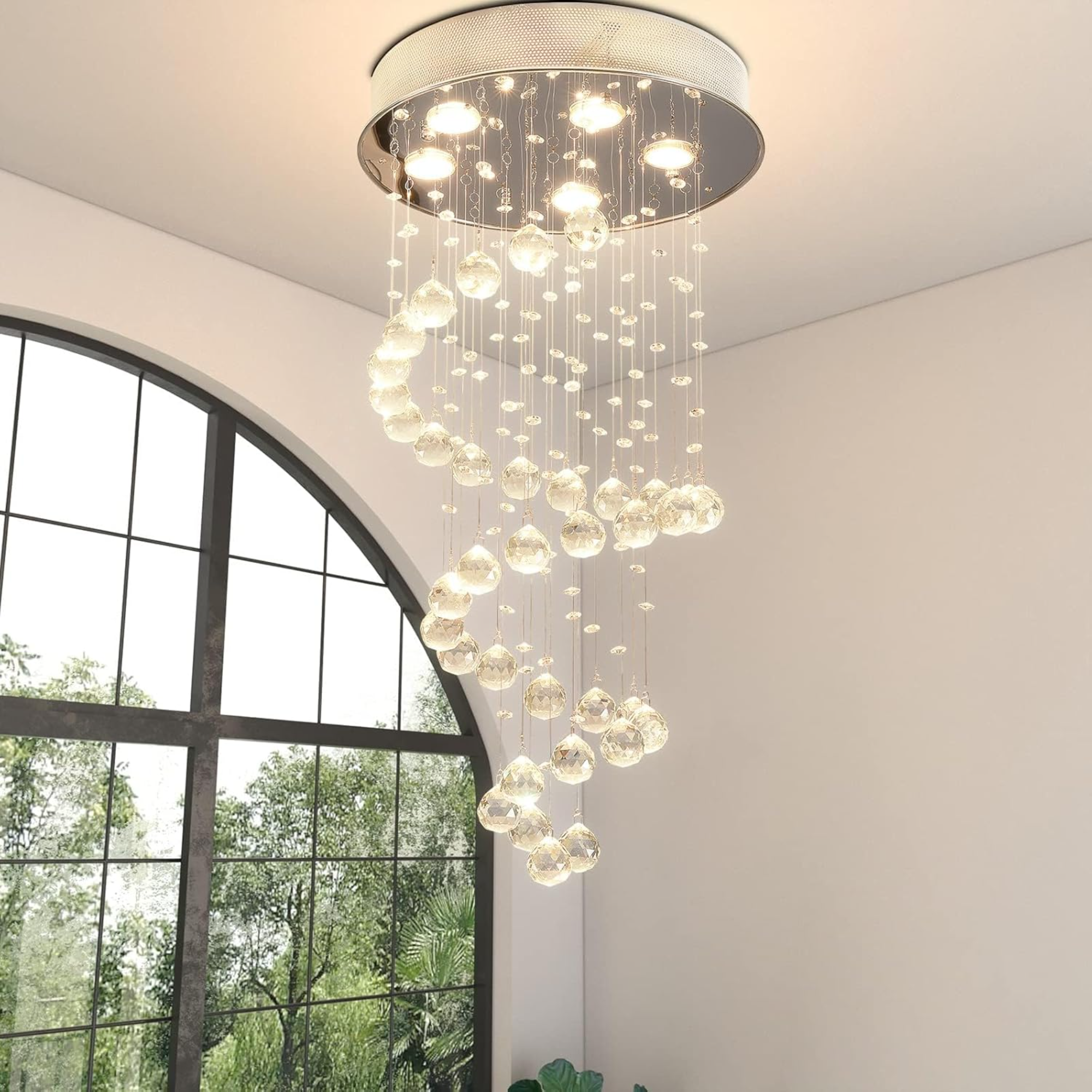 Chandelier, 5-Light Spiral Crystal Raindrop, Nickel