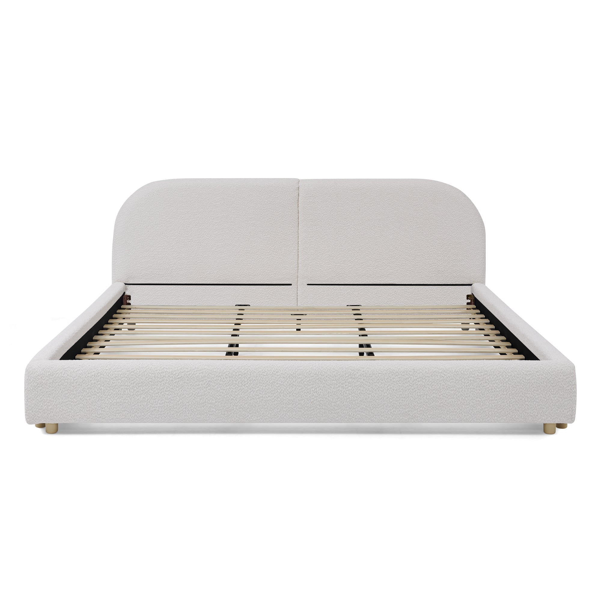 Bare bed frame on white background showing wood slat base