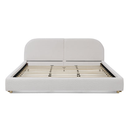Bare bed frame on white background showing wood slat base