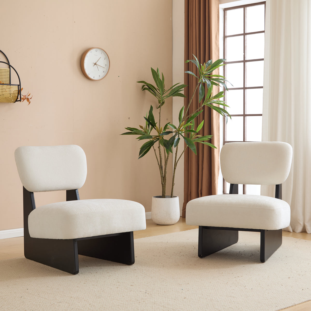 Beige Accent Chair, Set of 2, Black Base