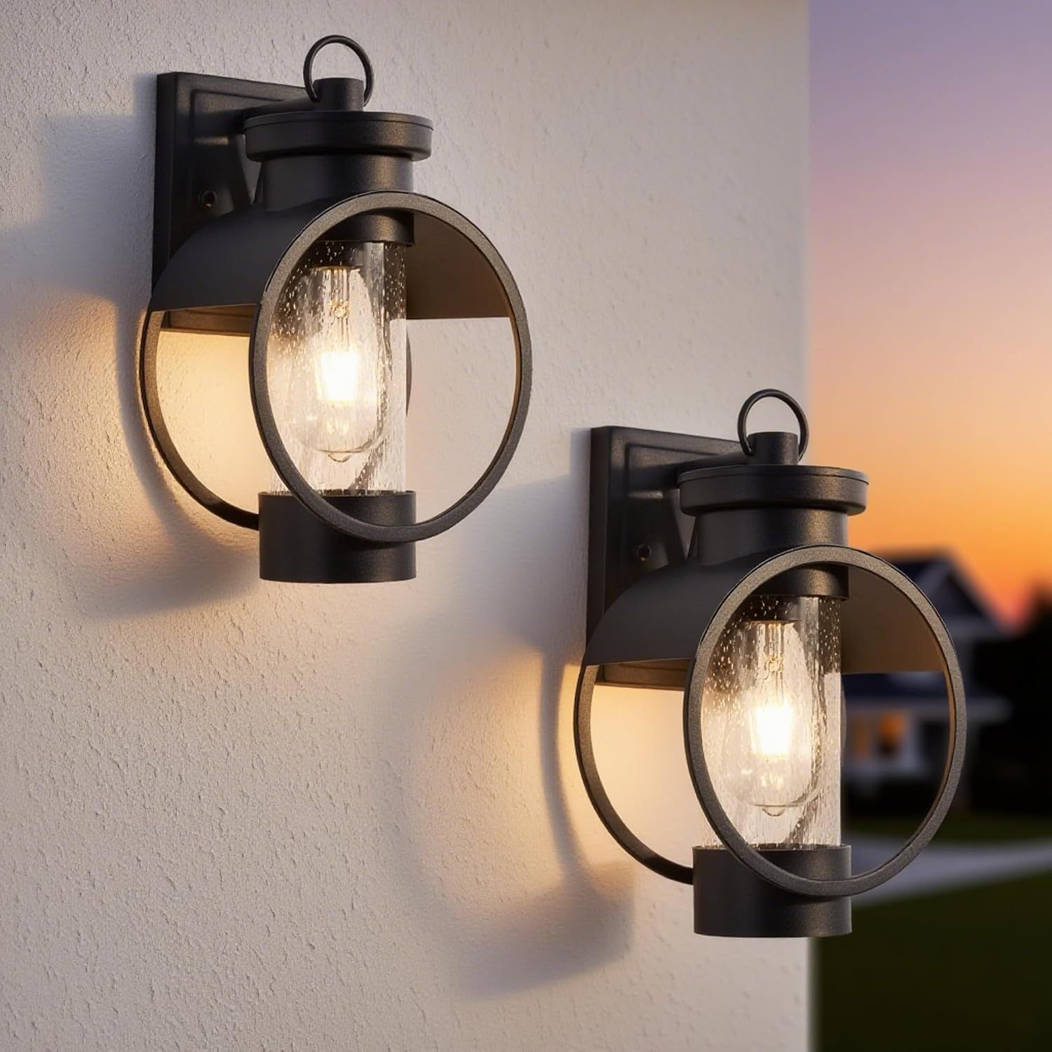 Wall Sconce, Outdoor Dusk-to-Dawn with Glass Shade, Black