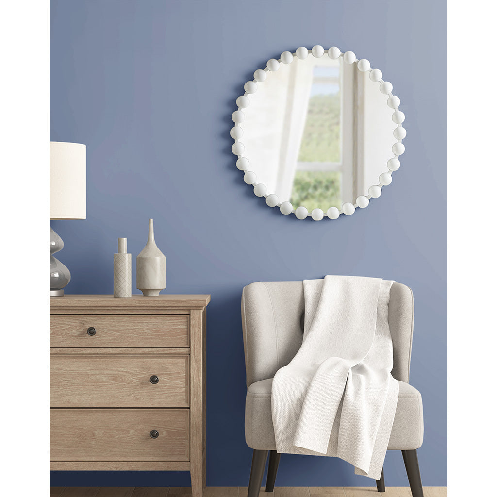 Beaded Round Mirror, 27 Inch White