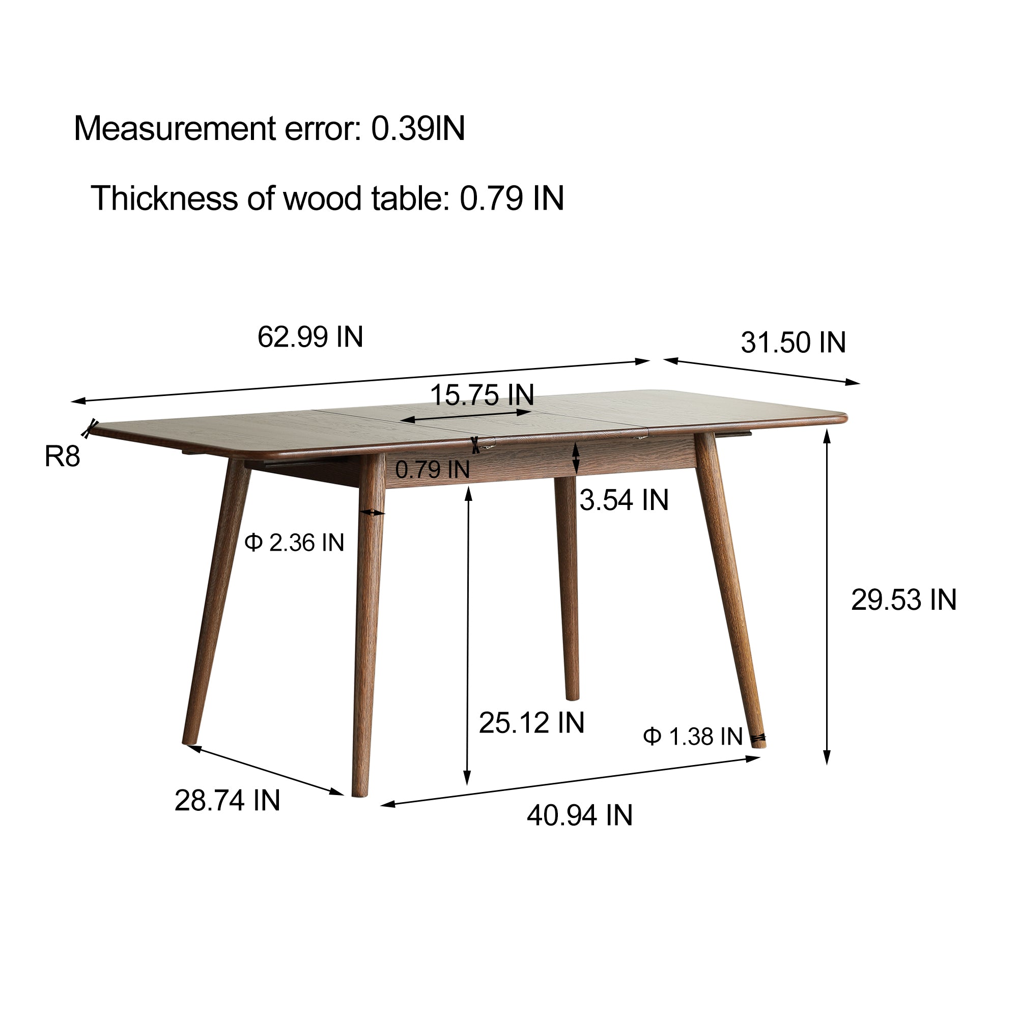 Dimension diagram of the table, 62.99 inches long, 31.5 inches wide, 29.53 inches tall, 15.75 inch leaf