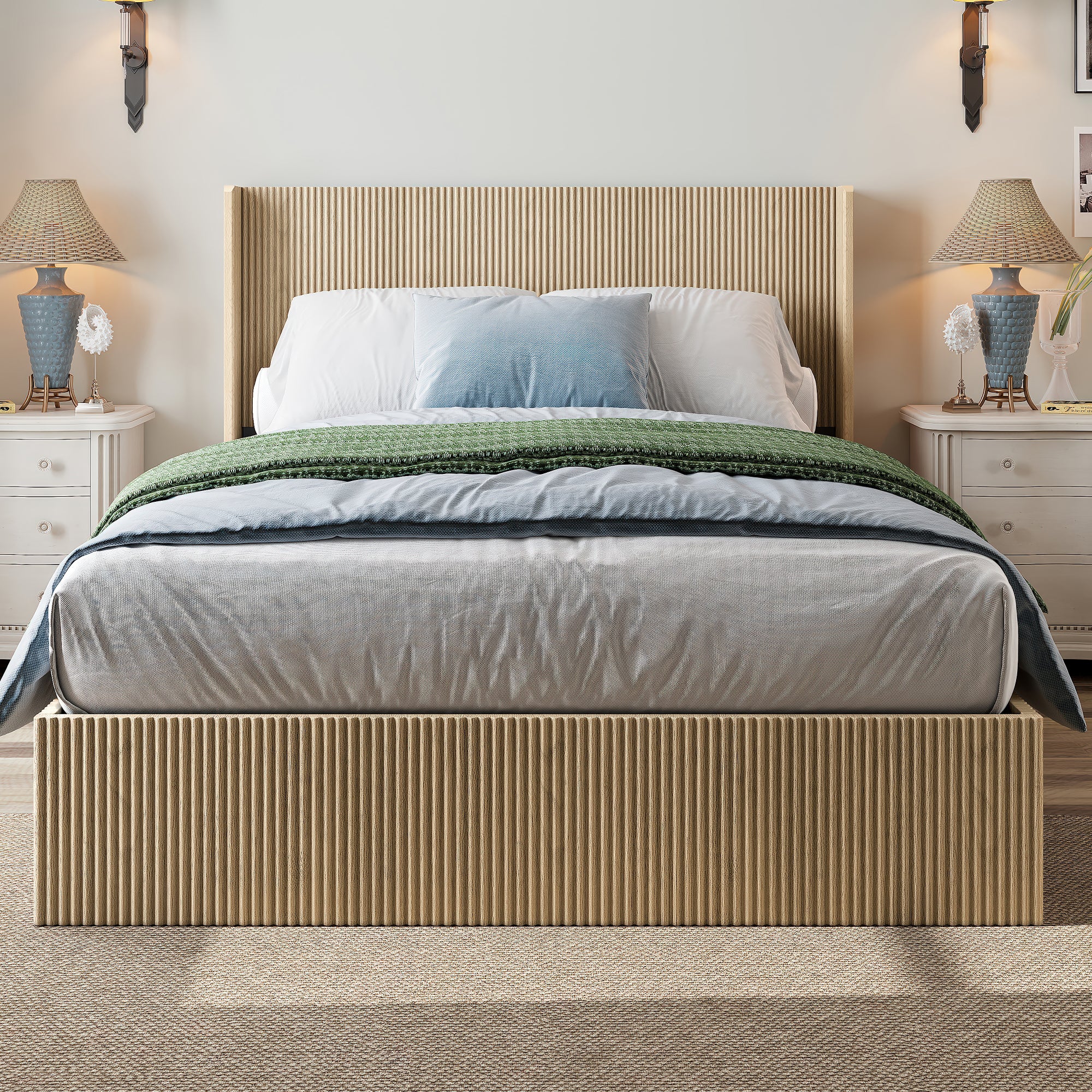 Oak fluted queen platform bed frame with a wingback headboard, styled bedroom with nightstands and lamps
