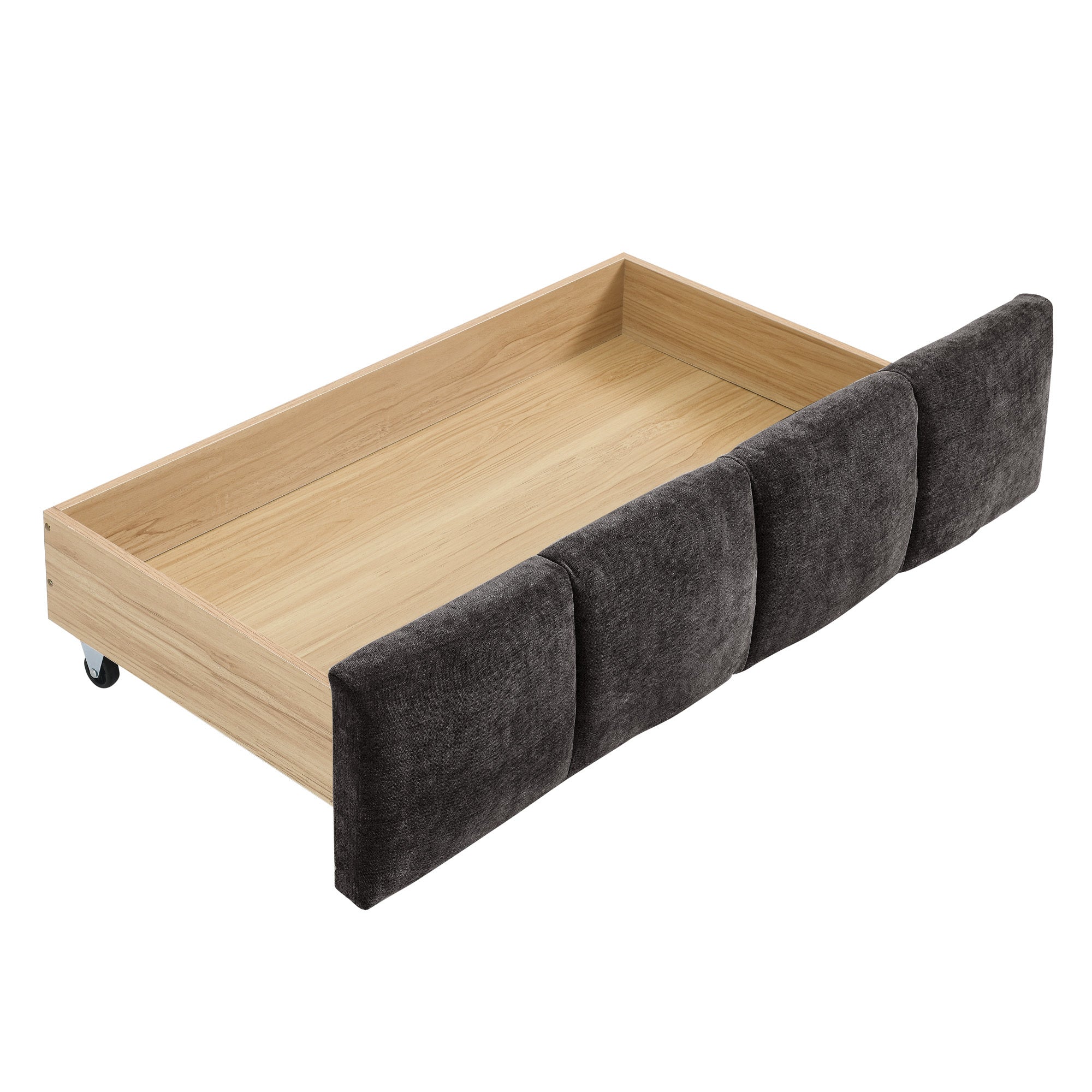 Dark gray king bed frame storage drawer at an angle, casters visible