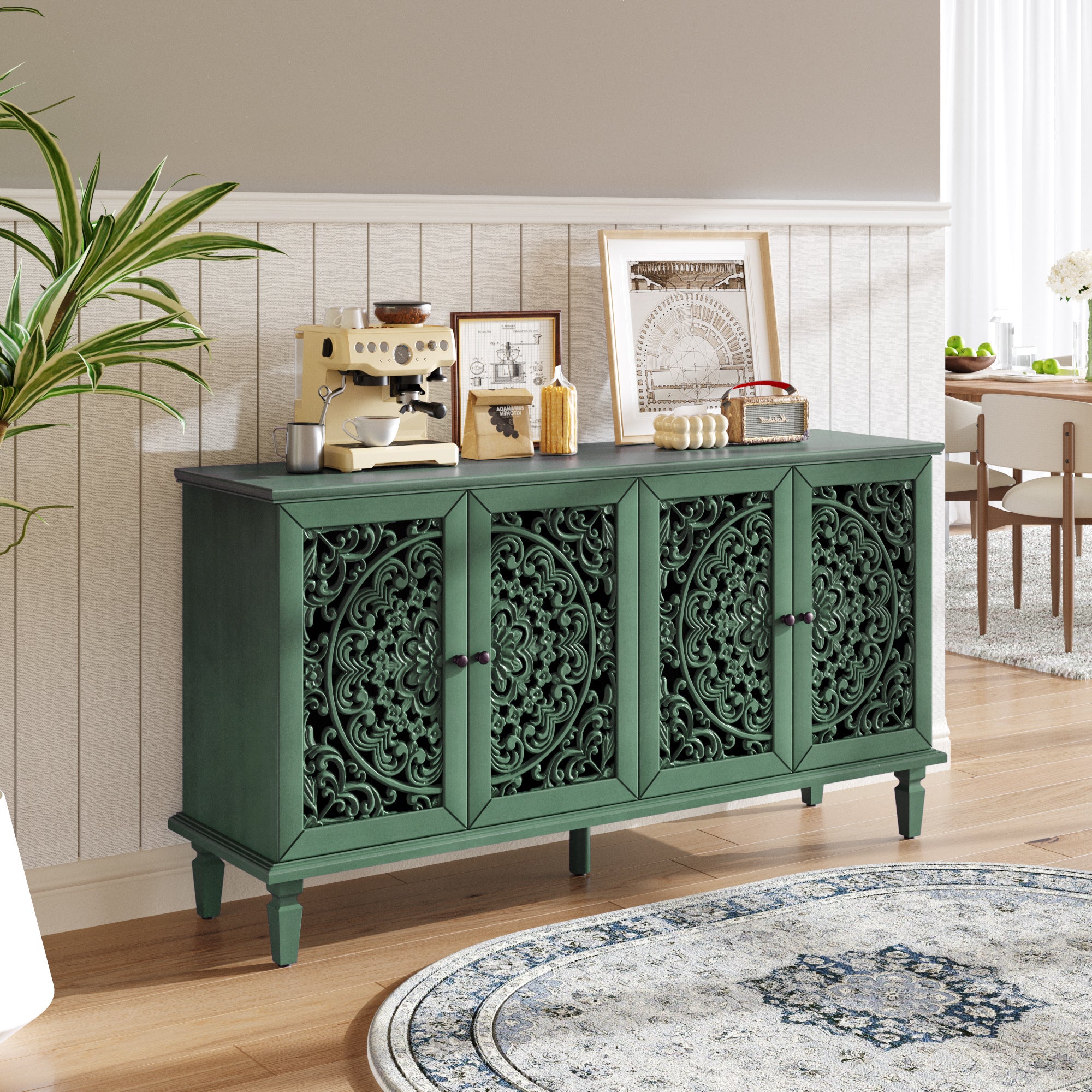 Antique Green Sideboard, 60in Carved 4-Door Buffet Cabinet