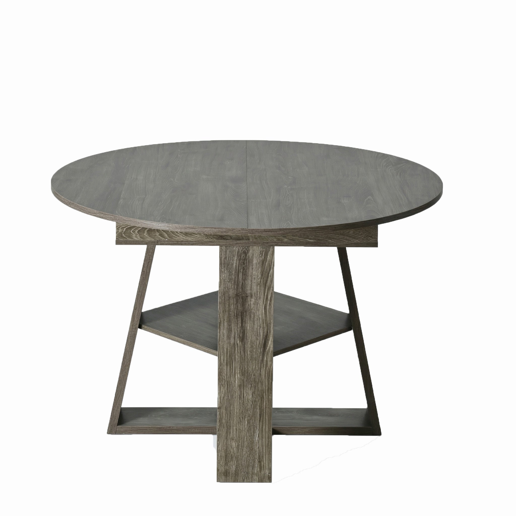 Front studio view of the gray round table with cross pedestal base and lower shelf