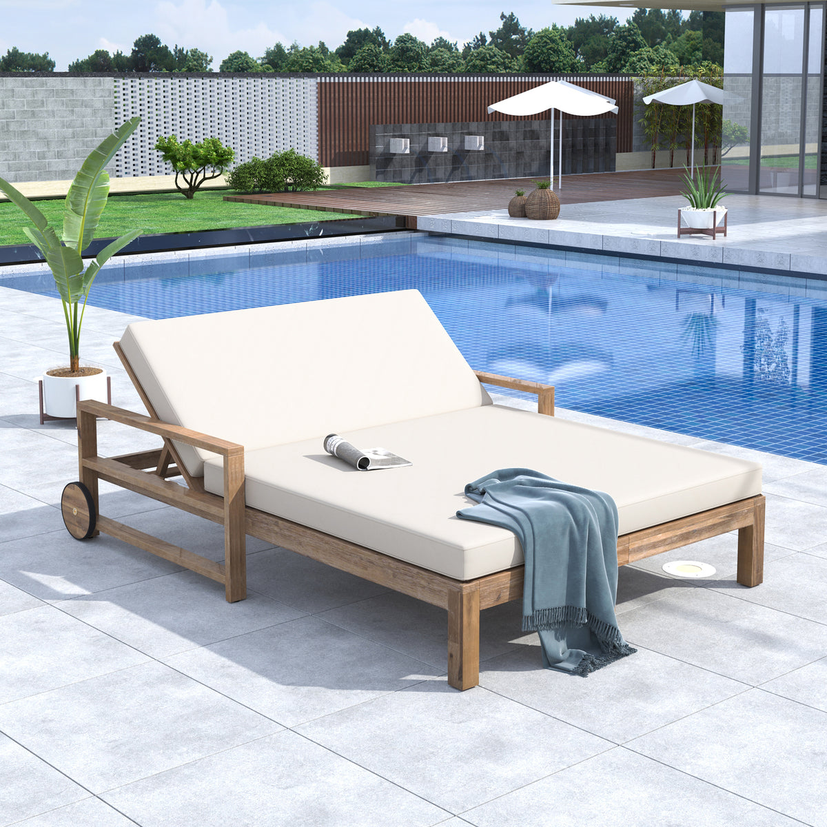 Beige Solid Wood Outdoor Double Chaise Lounge
