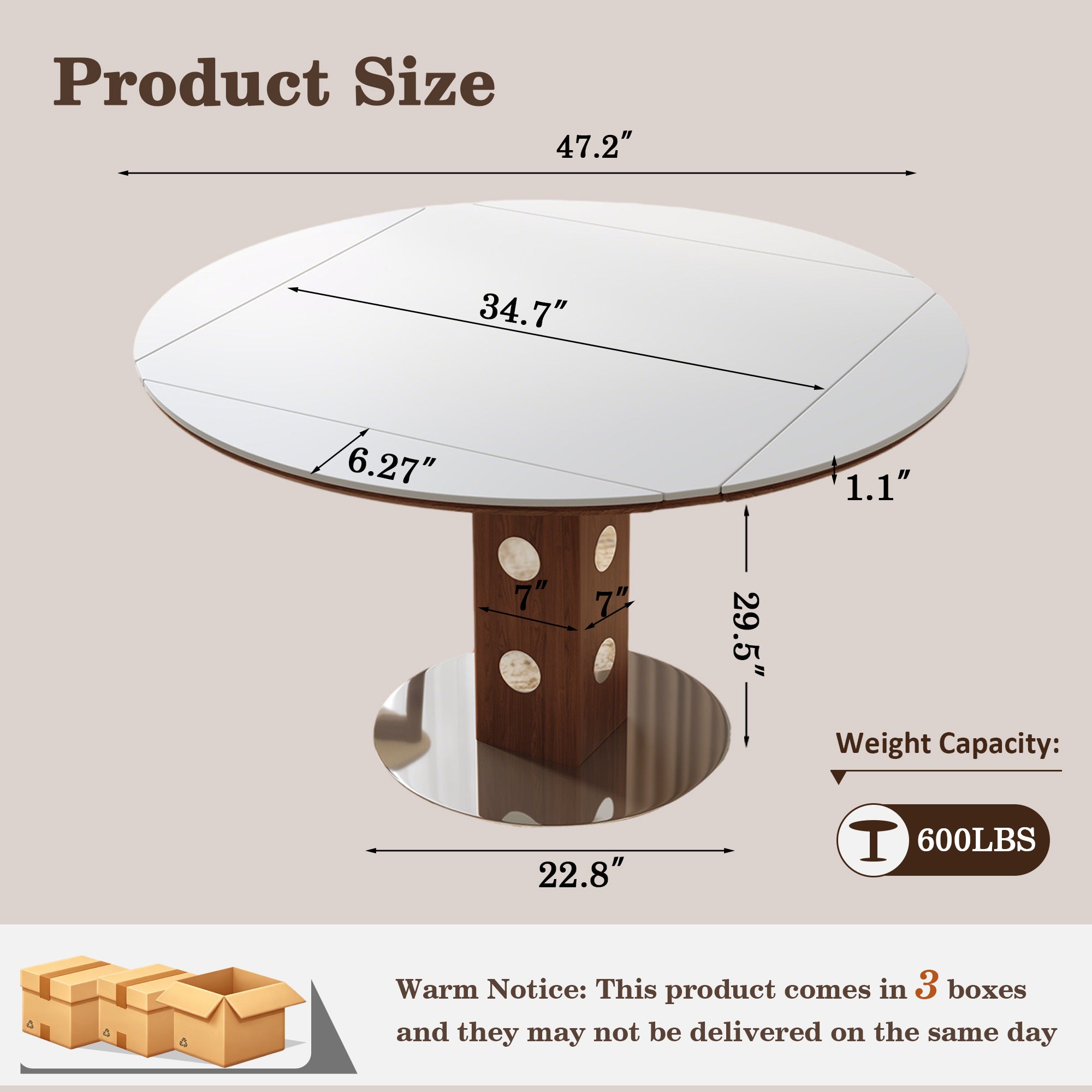Product size diagram showing 47.2in round, 34.7in square, 29.5in height and 600lb capacity