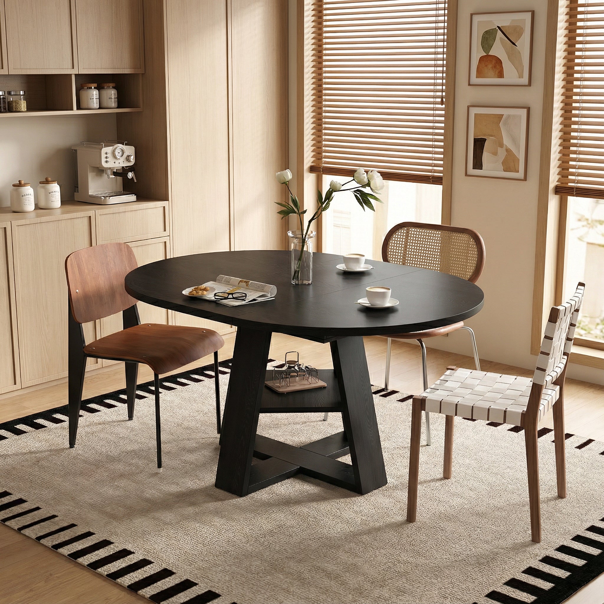 Styled dining nook with the black extendable round table, cross base and lower shelf