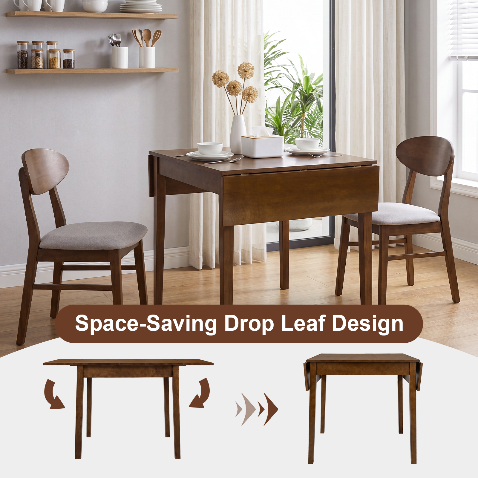 Feature graphic titled space-saving drop leaf design with a room scene and leaf-folding diagrams