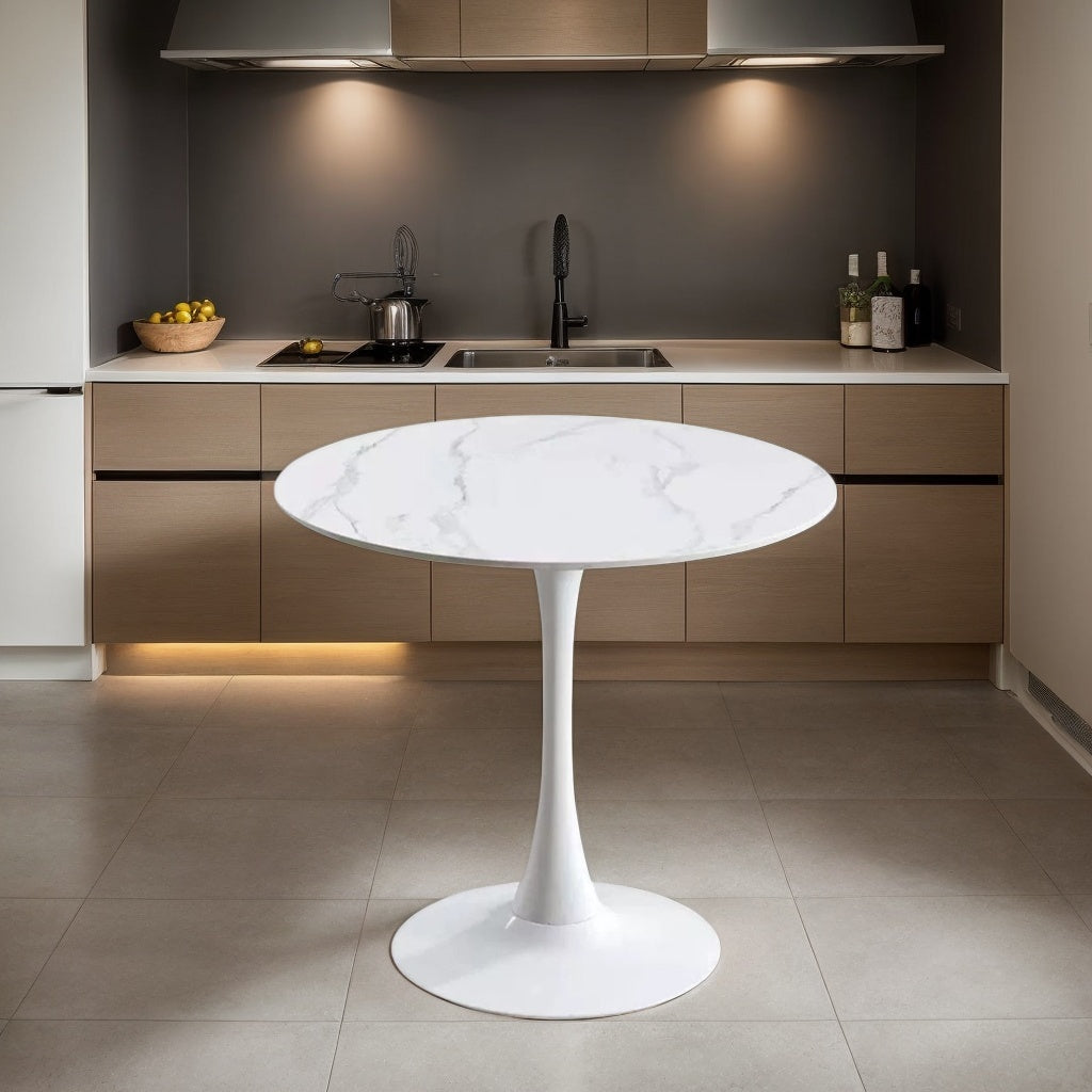 White faux marble tulip bistro table in a modern kitchen, front view