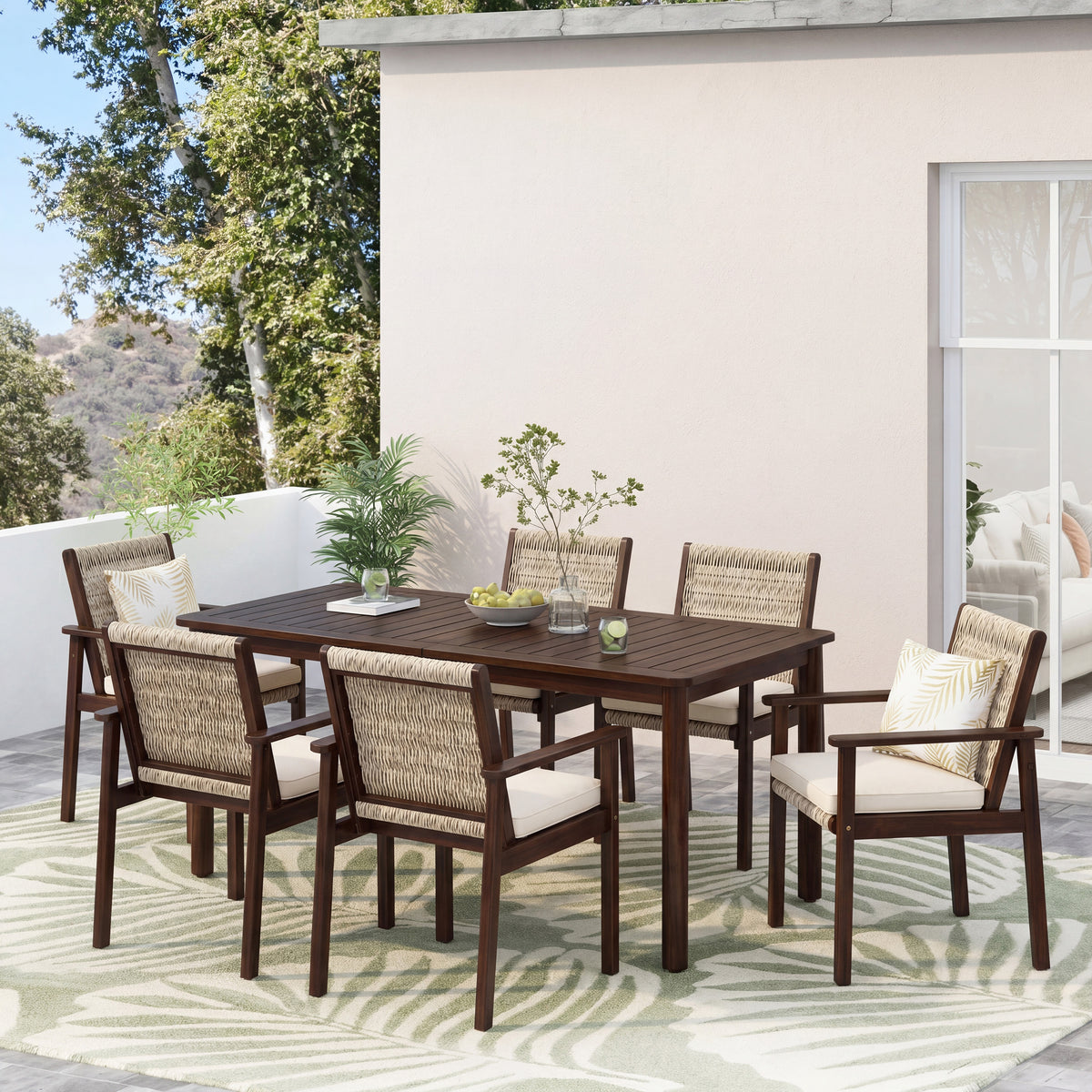 Dark Brown Solid Wood 7-Piece Patio Dining Set for 6 with Cushions