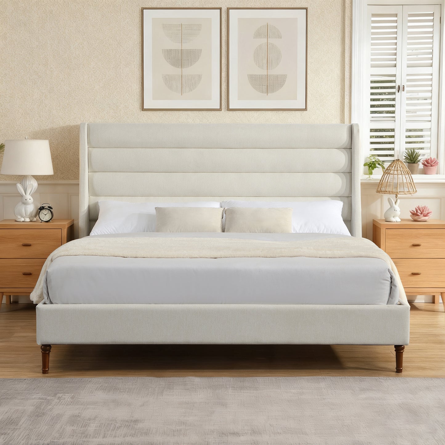 Angled view of bare frame with wave headboard visible