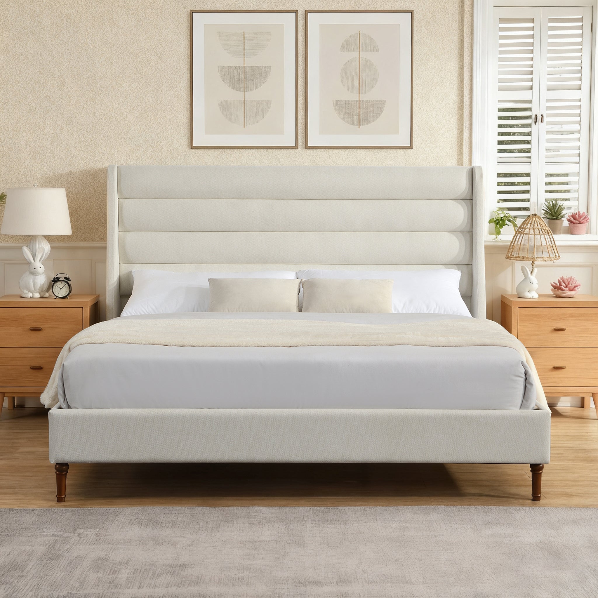 Angled view of bare frame with wave headboard visible