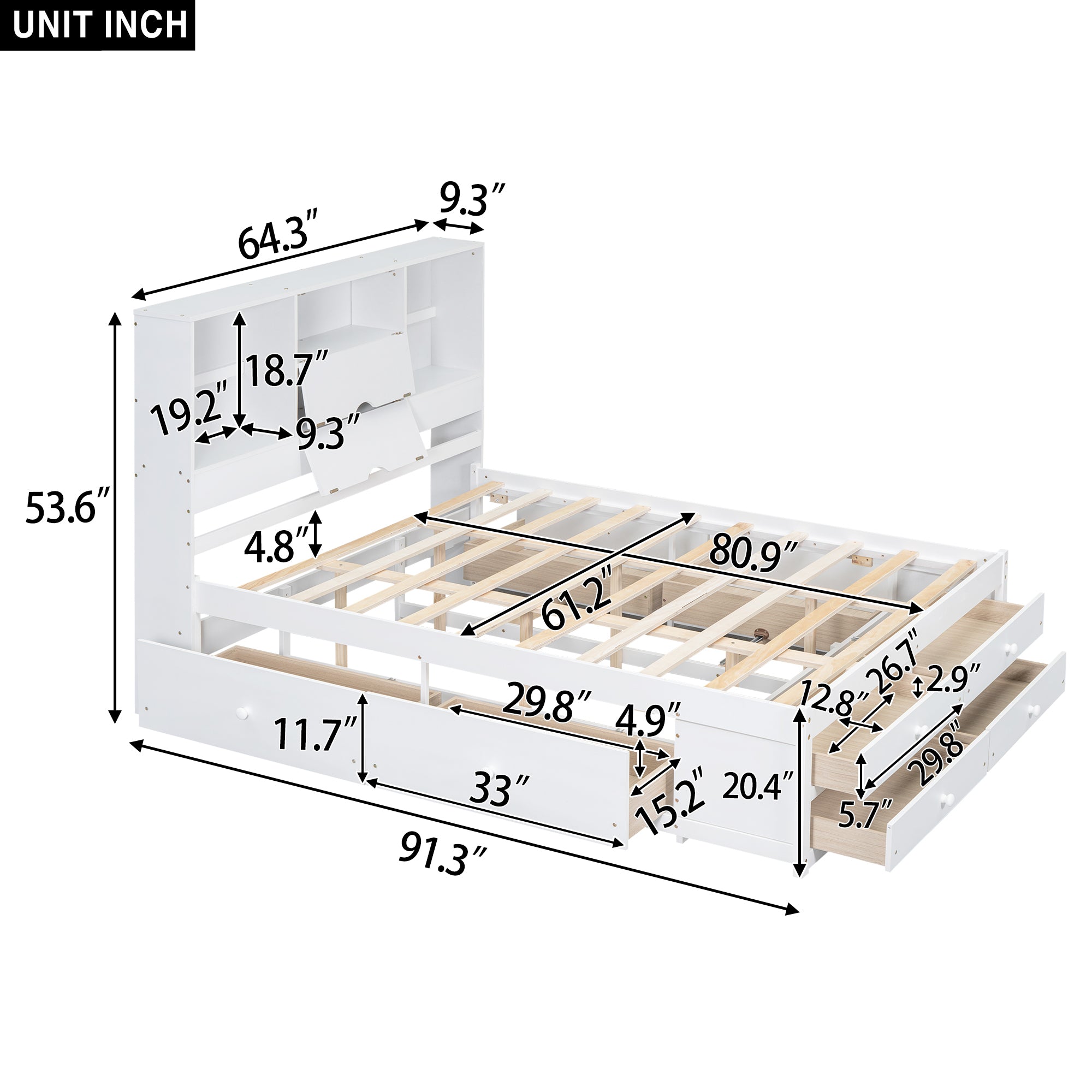 Dimension diagram of the white queen storage bed: 91.3 in long, 64.3 in wide, 53.6 in tall headboard