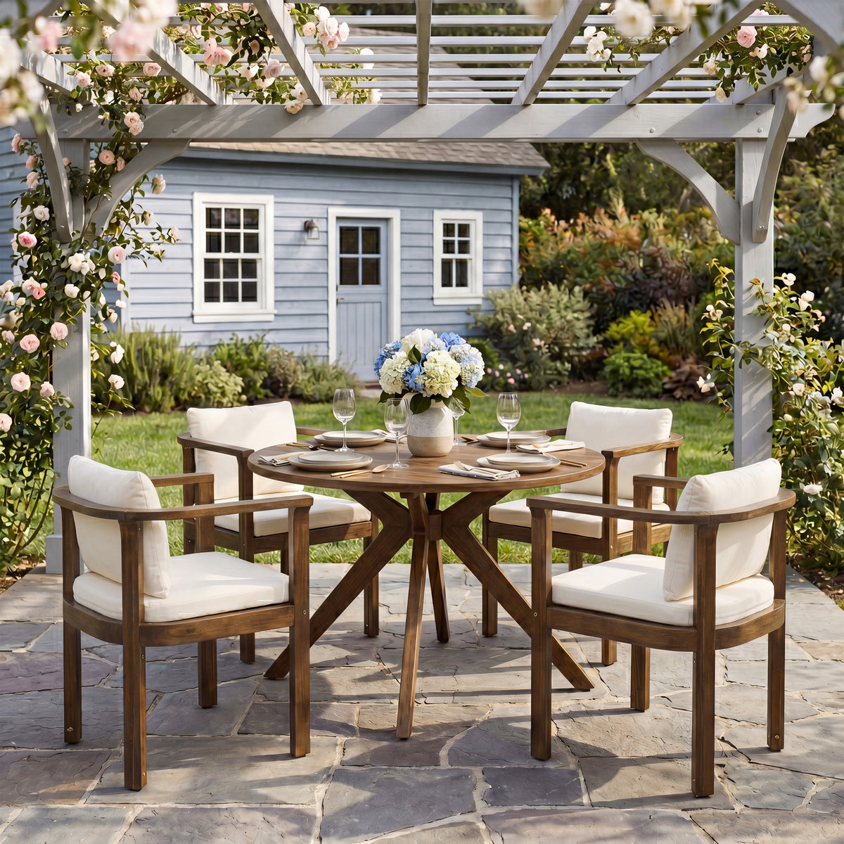 Brown Solid Wood Outdoor Dining Chair with Cushions, Set of 4, Curved