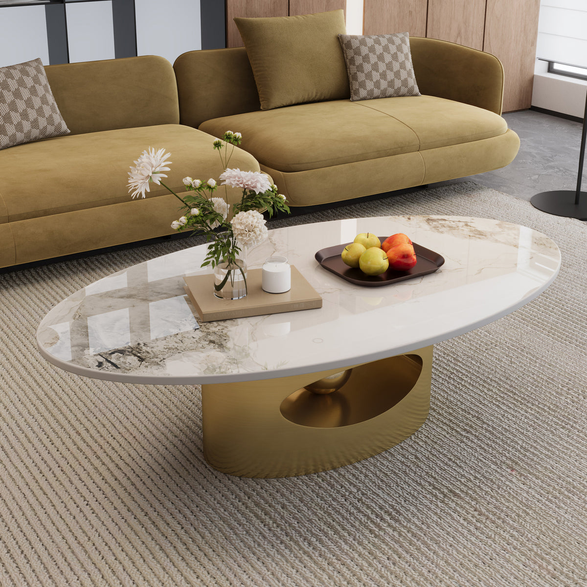 Gold Sintered Stone Oval Coffee Table, 49.2 in, Spherical Accent Base