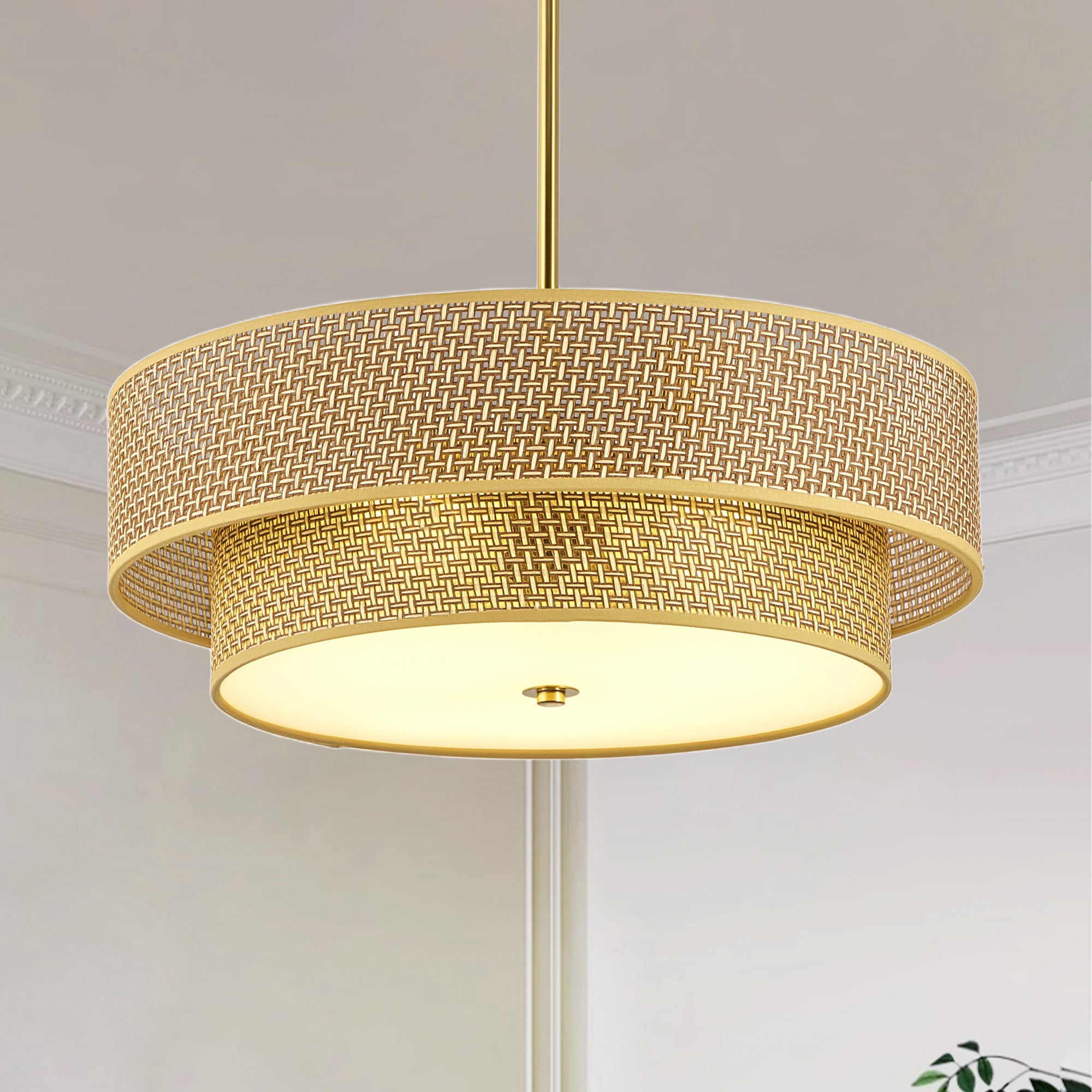 Drum Chandelier, Acrylic Diffuser Shade, Gold