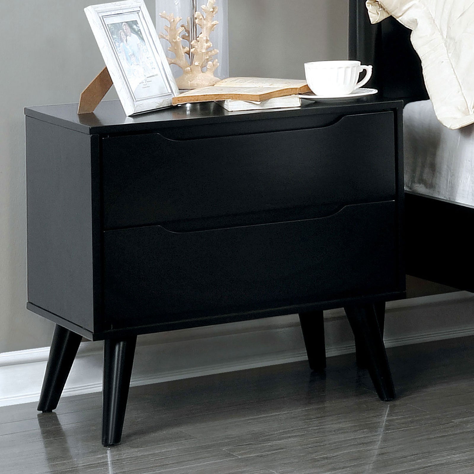 Mid-Century Solid Wood 2-Drawer Nightstand, Black
